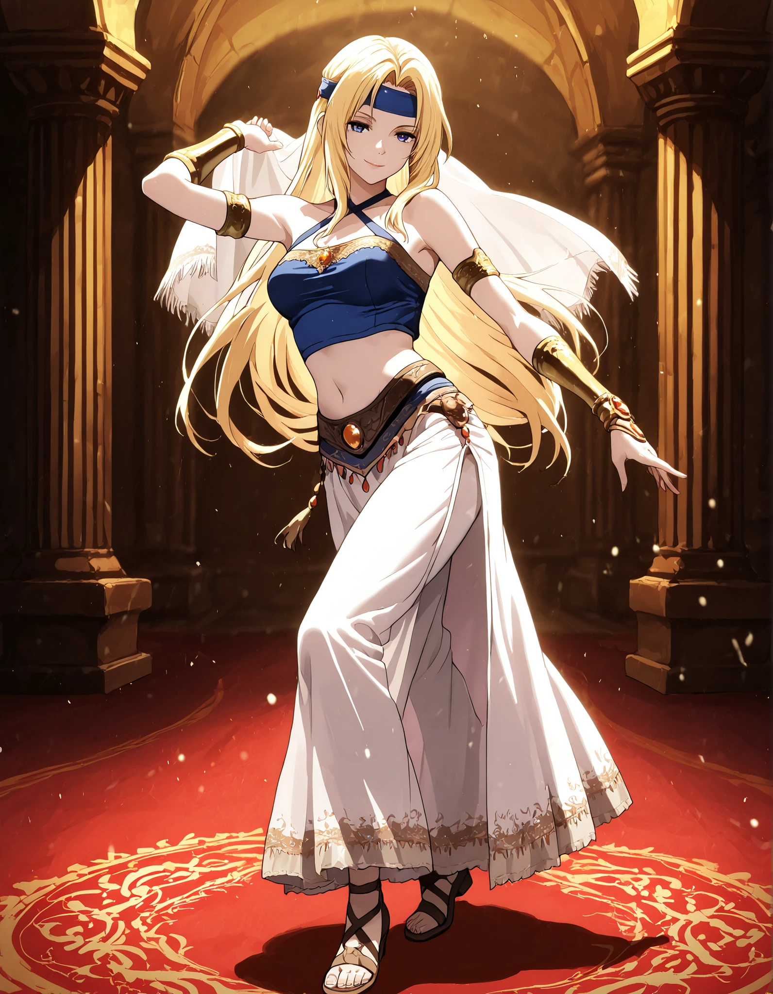 (1girl:1 . 5) , (Seul:1 . 5) , score_9 , score_8_haut , score_7_haut , source_anime , Official work , ultra-detailed , masterpiece , better quality , high resolution , beaux yeux , detailed eyes , Detailed face , beautiful detailed eyes,blonde hair, long hair, parted bangs, blue eyes,Final Fantasy,Celes Chere, dancer_fft,crop top, halter top, long skirt, belt,bracers, sandals, shawl,golden jewelery,armlet, belly dancing,arabian garden,seductive smile, dancing with veil, dynamic movement,dance posture, seductive pose