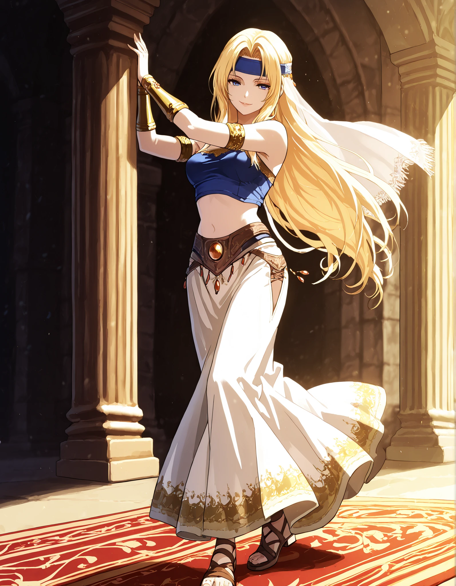 (1girl:1 . 5) , (Seul:1 . 5) , score_9 , score_8_haut , score_7_haut , source_anime , Official work , ultra-detailed , masterpiece , better quality , high resolution , beaux yeux , detailed eyes , Detailed face , beautiful detailed eyes,blonde hair, long hair, parted bangs, blue eyes,Final Fantasy,Celes Chere, dancer_fft,crop top, halter top, long skirt, belt,bracers, sandals, shawl,golden jewelery,armlet, belly dancing,arabian garden,seductive smile, dancing with veil, dynamic movement,dance posture, seductive pose