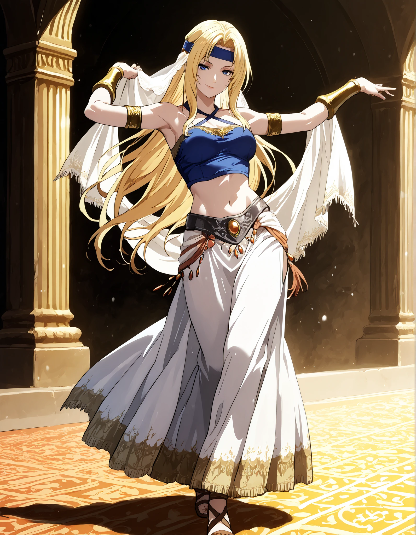 (1girl:1 . 5) , (Seul:1 . 5) , score_9 , score_8_haut , score_7_haut , source_anime , Official work , ultra-detailed , masterpiece , better quality , high resolution , beaux yeux , detailed eyes , Detailed face , beautiful detailed eyes,blonde hair, long hair, parted bangs, blue eyes,Final Fantasy,Celes Chere, dancer_fft,crop top, halter top, long skirt, belt,bracers, sandals, shawl,golden jewelery,armlet, belly dancing,arabian garden,seductive smile, dancing with veil, dynamic movement,dance posture, seductive pose