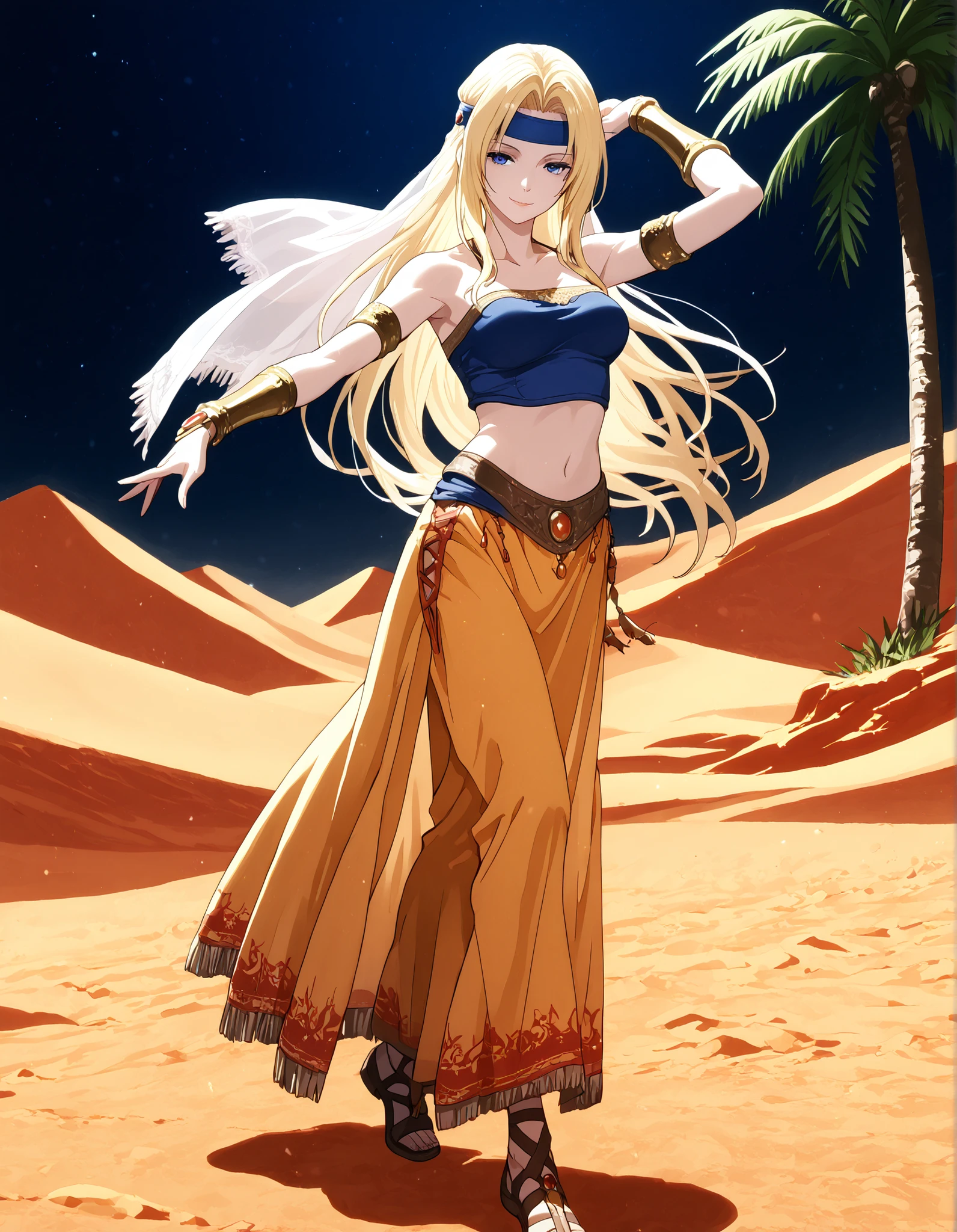 (1girl:1 . 5) , (Seul:1 . 5) , score_9 , score_8_haut , score_7_haut , source_anime , Official work , ultra-detailed , masterpiece , better quality , high resolution , beaux yeux , detailed eyes , Detailed face , beautiful detailed eyes,blonde hair, long hair, parted bangs, blue eyes,Final Fantasy,Celes Chere, dancer_fft,crop top, halter top, long skirt, belt,bracers, sandals, shawl,golden jewelery,armlet, belly dancing,night,desert lands,palm tree,seductive smile, dancing with veil, dynamic movement,dance posture, seductive pose