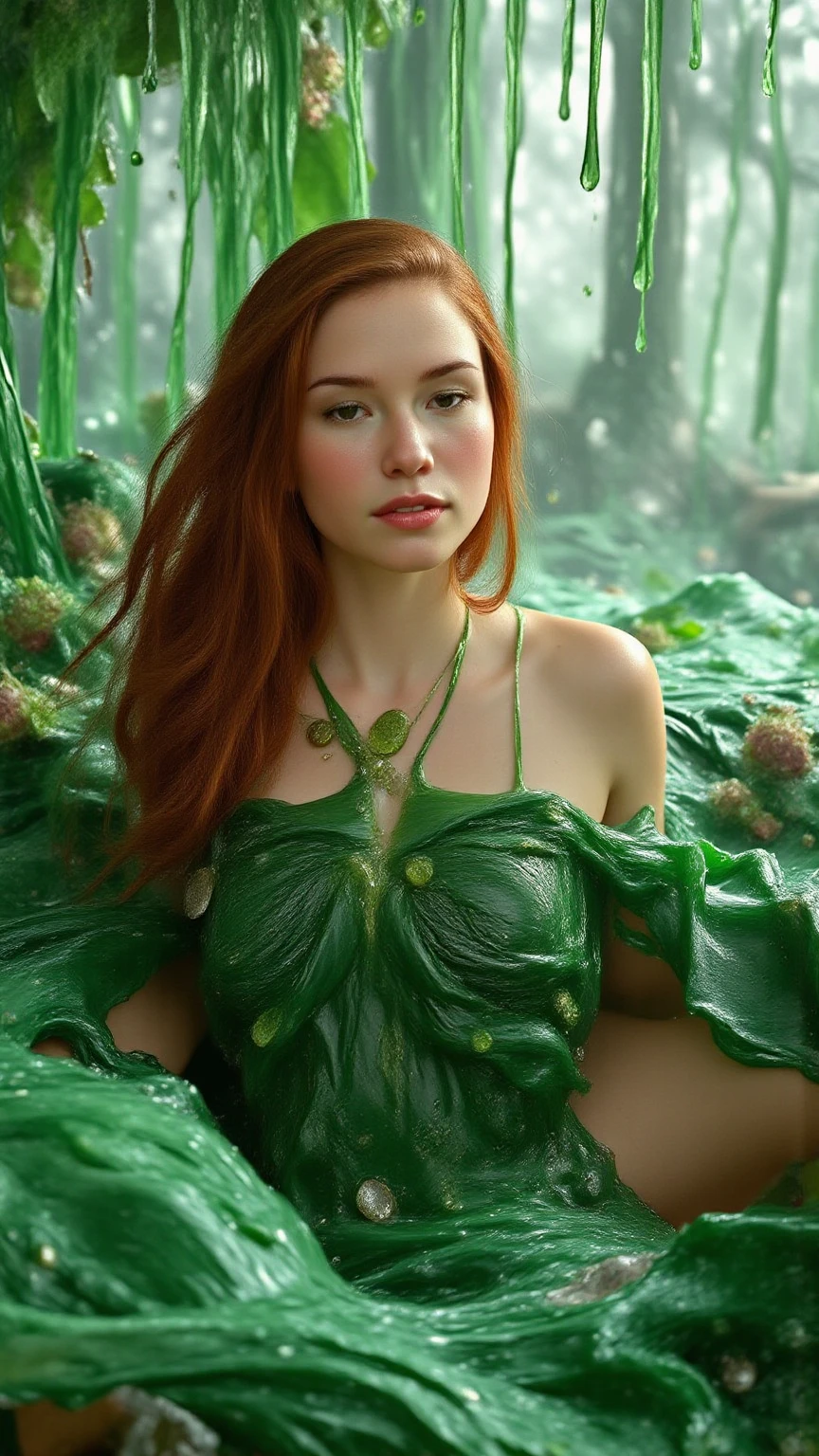  Sexy pregnant woman, cleavage, green dress (dress created by vines leaves and plants:1.4), ring earrings, pendant necklace, pregnant, full body shot, sexy pose, long luscious orange red hair, laying on the ground in a puddle of water 