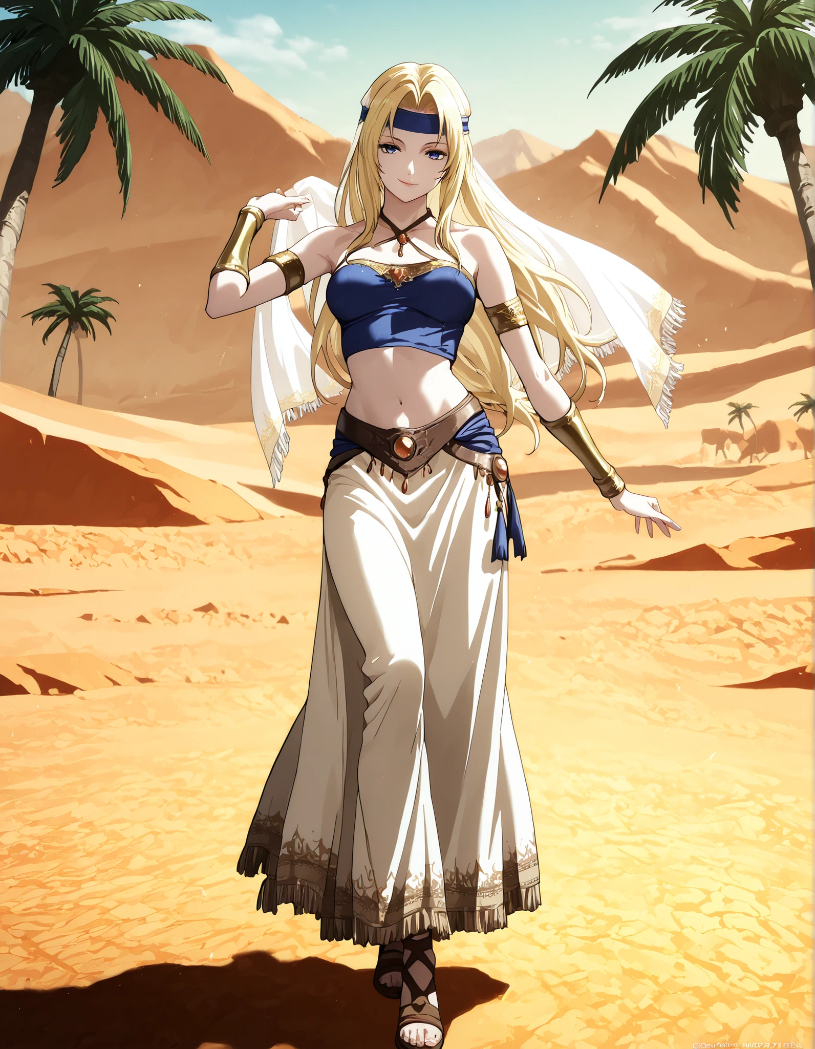 (1girl:1 . 5) , (Seul:1 . 5) , score_9 , score_8_haut , score_7_haut , source_anime , Official work , ultra-detailed , masterpiece , better quality , high resolution , beaux yeux , detailed eyes , Detailed face , beautiful detailed eyes,blonde hair, long hair, parted bangs, blue eyes,Final Fantasy,Celes Chere, dancer_fft,crop top, halter top, long skirt, belt,bracers, sandals, shawl,golden jewelery,armlet, belly dancing,desert lands,palm tree,seductive smile, dancing with veil, dynamic movement,dance posture, seductive pose