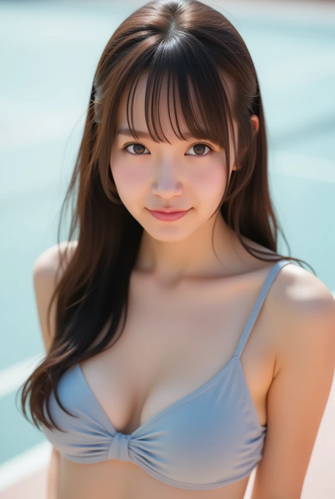 Best quality, masterpiece, ultra high res, (photorealistic:1.37), raw photo, ((Beautiful illustration)), 1girl, beautifull eyes, beautifull face, detailed eyes and face, t-shirt, dynamic lighting, in the dark, deep shadow, low key, cowboy shot, ((organized fingers)), ((smile)), (((Tank Top, Tense Shirt))), ((large full breasts))