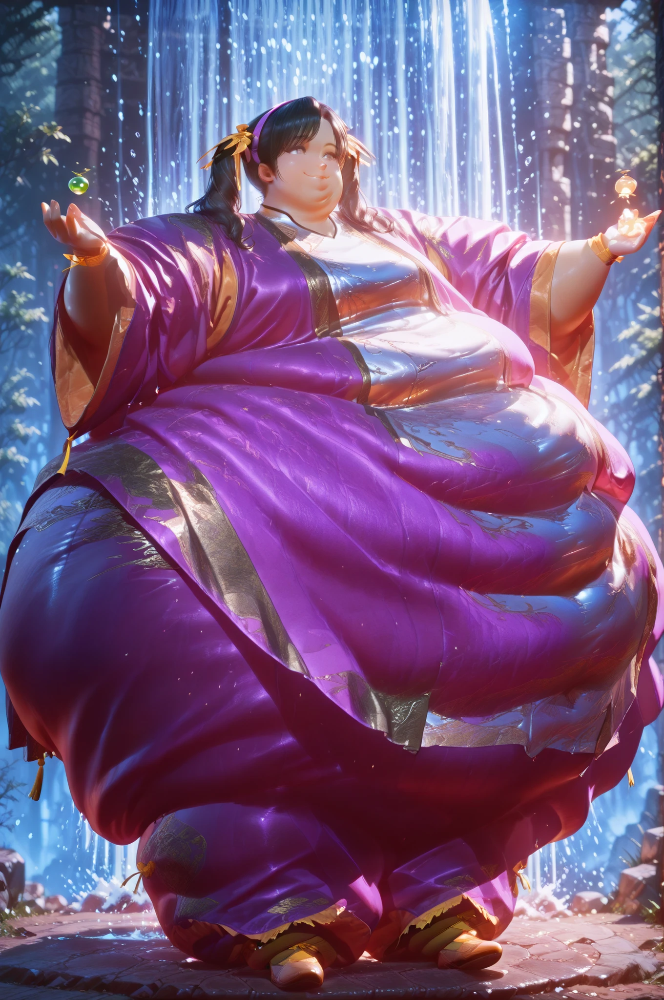 1girl, solo, masterpiece, best quality, retro art style, 1980s\(style\), Ling Xiaoyu, long hair, black hair, twin tails, brown eyes, Asian, yellow ribbon, olive skin, , hair slicked back, long hair, purple hairband, Japanese clothes, wide sleeves, purple pants, hyper fat, hyper obese, full body, smile, outdoors, meditating, waterfall