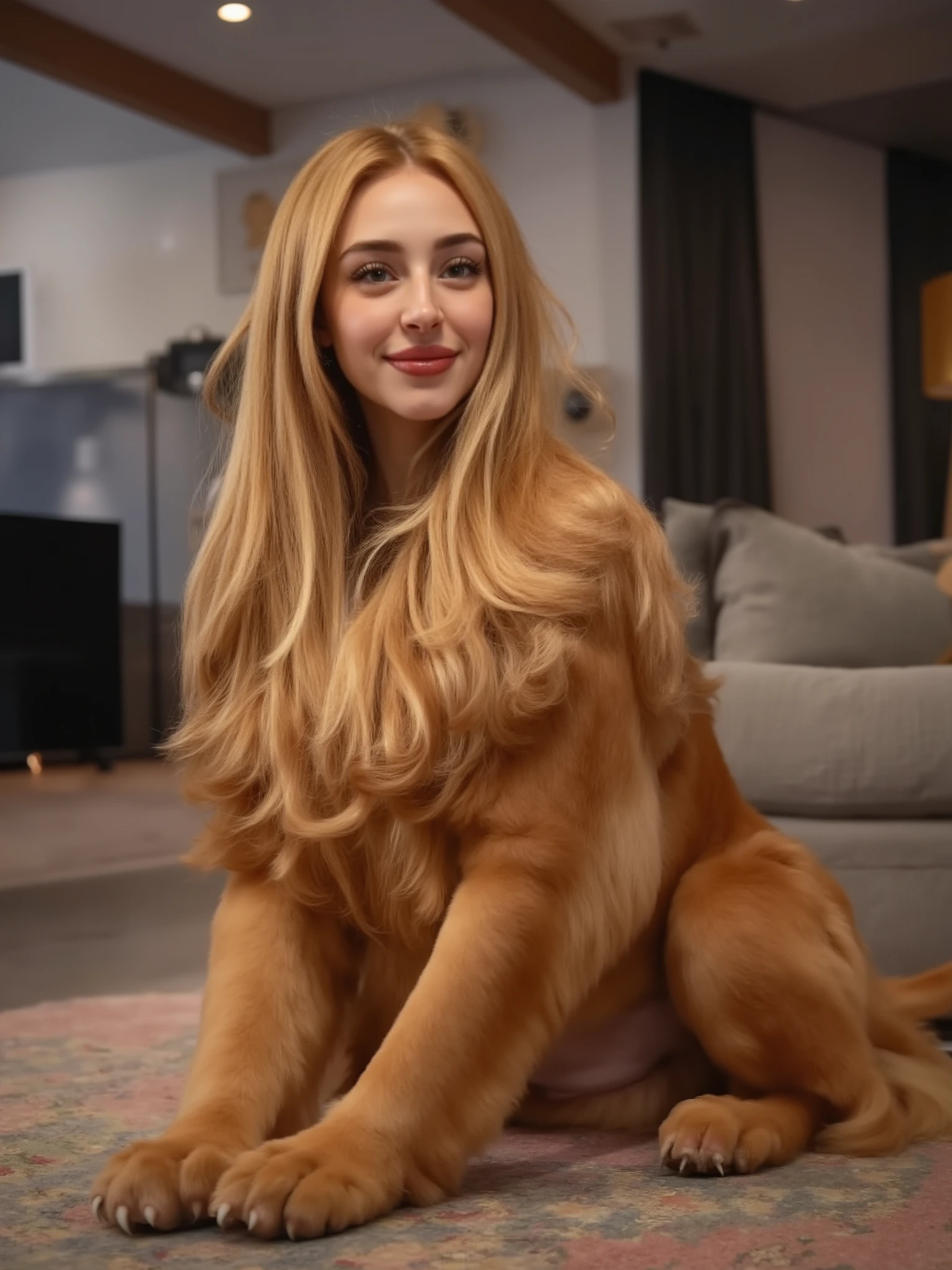 ((masterpiece, highest quality, better image quality, alta resolución, realista, RAW photos, 8K, highly detailed CG synthesis)), (impressive hybrid creature, incredibly beautiful, perfect proportions, perfect anatomy, beautiful body:1.4), anthropomorphic female golden retriever, standing on all fours, humanized canine anatomy, elegant posture, delicate female face, long silky blonde hair, canine ears , expressive glowing eyes, soft and shiny golden fur, long and graceful tail, height of an adult woman, defined muscles, flirtatious and happy expression, modern interior decoration, LED lighting, definite shadows, dramatic contrasts, detailed realistic textures, hyperrealistic photograph, professional lighting, depth of field. she looks at the viewer, is looking forward