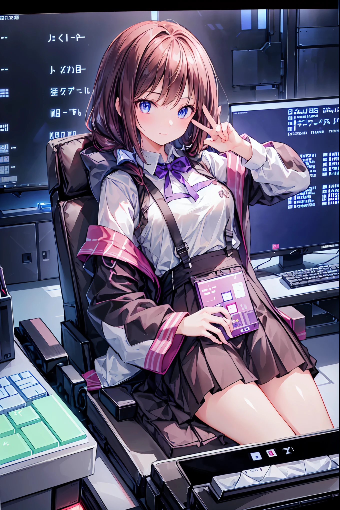 (((peace sign on the side of the face))),Candy in hand,MANIPULATE YOUR SCREEN LIKE A GAME,(((programming room interior))),EXTREME DETAIL DISPLAY,EXTREME DETAIL DRAWING,typing speedy two hands,IMMERSE YOUR SCREEN,Anime breaking through the digital space,Digital Illustration,Cyberpunk, future,cowboy shot, network ,(((PRIVATE PC ROOM))),(((giant pc monitor))),(((multiple monitors))),((operate the keyboard女の子)),ピース✌️サインをするhacker,hacker,Depict the keyboard accurately,hacked,(スイートhacker),(((is putting a keyboard on her lap))),hacker, Multi Display, Complex image displayed on a modern PC display that glows blue, complicated image displayed on a display, hitting the keyboard in the foreground,Dark Room, night,深night,((凄腕の女子高生hacker)),brown hair,shortcuts,unkempt hair,Short braided hair,Neat,slender beauty,correct posture,small breasted,beautiful legs,Enchanting Gray-Blue Eyes Shine Like Stars,Saggy Eyes,Brilliant Colors,beautiful eyes,A delicate smile,Textured Skin,Best quality at its best,gentle and beautiful woman,anime style、(Hobbies),Holding candy,candy with a different color on one eye,ゲームのように network を突破する,(((PRIVATE PC ROOM))),(((giant pc monitor))),(((multiple monitors))),((operate the keyboard)),DIVERSE IN THE DIGITAL SPACE, smile fearlessly, 最High Quality, FACE FOCUS, soft lights, ウルトラhigh resolution, (photorealistic:1.4), ORIGINAL PICTURES, 1 Japanese girl, solo, cute, (pupil, individual eye light), (Tiny ),(人間の肌の質感high resolutionの詳細), (long hair), blazer uniform, charcoal vest, skirt, (Upper Thigh), High Quality,4K,8K,high resolution,Masterpiece,Ultra Fine,real,フォトreal,HDR,UHD,Studio Lighting,EXTREME DETAIL DRAWING,Professional,Brilliant Colors彩,ボケ 幸せな表情の女性のhacker,Tight posture,Concentrated Expression
