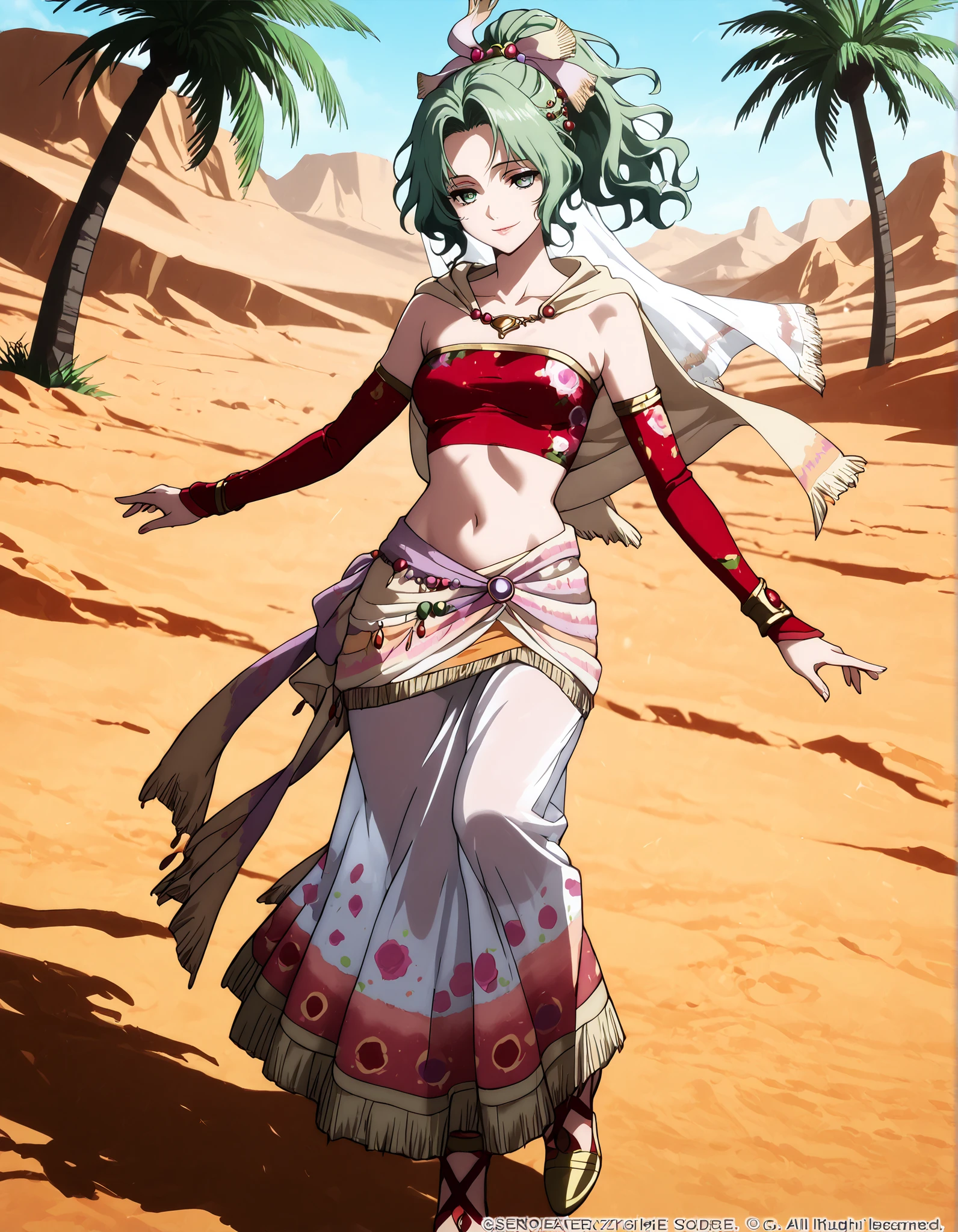 (1girl:1 . 5) , (Seul:1 . 5) , score_9 , score_8_haut , score_7_haut , source_anime , Official work , ultra-detailed , masterpiece , better quality , high resolution , beaux yeux , detailed eyes , Detailed face , beautiful detailed eyes, wavy hair, ponytail, parted bangs, green hair, green eyes,Final Fantasy,Terra Branford, dancer_fft,crop top,long skirt, belt,bracers, sandals, shawl,golden jewelery,armlet, belly dancing,desert lands,palm tree,seductive smile, dancing with veil, dynamic movement,dance posture, seductive pose