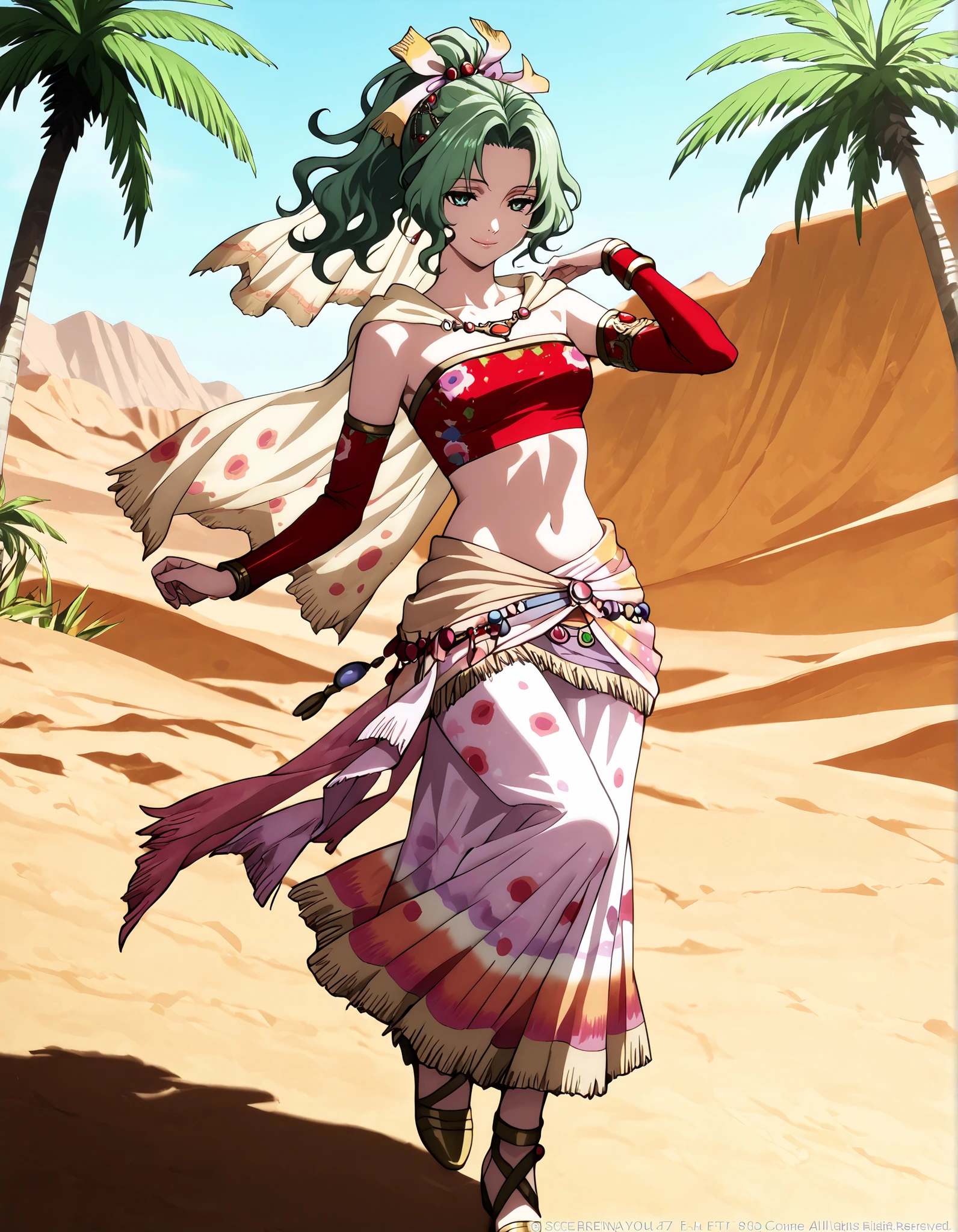 (1girl:1 . 5) , (Seul:1 . 5) , score_9 , score_8_haut , score_7_haut , source_anime , Official work , ultra-detailed , masterpiece , better quality , high resolution , beaux yeux , detailed eyes , Detailed face , beautiful detailed eyes, wavy hair, ponytail, parted bangs, green hair, green eyes,Final Fantasy,Terra Branford, dancer_fft,crop top,long skirt, belt,bracers, sandals, shawl,golden jewelery,armlet, belly dancing,desert lands,palm tree,seductive smile, dancing with veil, dynamic movement,dance posture, seductive pose