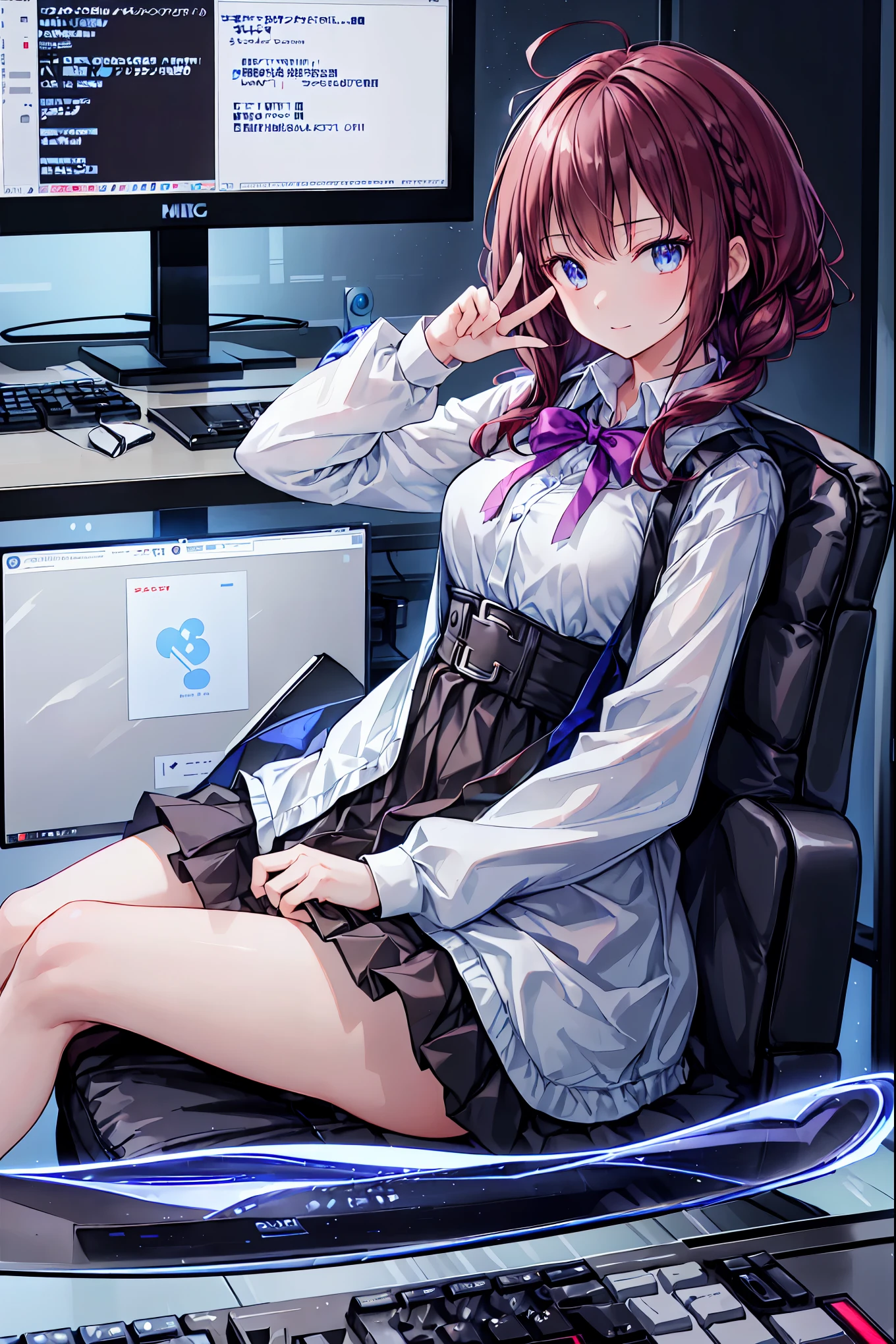(((peace sign on the side of the face))),Candy in hand,MANIPULATE YOUR SCREEN LIKE A GAME,(((programming room interior))),EXTREME DETAIL DISPLAY,EXTREME DETAIL DRAWING,typing speedy two hands,IMMERSE YOUR SCREEN,Anime breaking through the digital space,Digital Illustration,Cyberpunk, future,cowboy shot, network ,(((PRIVATE PC ROOM))),(((giant pc monitor))),(((multiple monitors))),((operate the keyboard女の子)),ピース✌️サインをするhacker,hacker,Depict the keyboard accurately,hacked,(スイートhacker),(((is putting a keyboard on her lap))),hacker, Multi Display, Complex image displayed on a modern PC display that glows blue, complicated image displayed on a display, hitting the keyboard in the foreground,Dark Room, night,深night,((凄腕の女子高生hacker)),brown hair,shortcuts,unkempt hair,Short braided hair,Neat,slender beauty,correct posture,small breasted,beautiful legs,Enchanting Gray-Blue Eyes Shine Like Stars,Saggy Eyes,Brilliant Colors,beautiful eyes,A delicate smile,Textured Skin,Best quality at its best,gentle and beautiful woman,anime style、(Hobbies),Holding candy,candy with a different color on one eye,ゲームのように network を突破する,(((PRIVATE PC ROOM))),(((giant pc monitor))),(((multiple monitors))),((operate the keyboard)),DIVERSE IN THE DIGITAL SPACE, smile fearlessly, 最High Quality, FACE FOCUS, soft lights, ウルトラhigh resolution, (photorealistic:1.4), ORIGINAL PICTURES, 1 Japanese girl, solo, cute, (pupil, individual eye light), (Tiny ),(人間の肌の質感high resolutionの詳細), (long hair), blazer uniform, charcoal vest, skirt, (Upper Thigh), High Quality,4K,8K,high resolution,Masterpiece,Ultra Fine,real,フォトreal,HDR,UHD,Studio Lighting,EXTREME DETAIL DRAWING,Professional,Brilliant Colors彩,ボケ 幸せな表情の女性のhacker,Tight posture,Concentrated Expression