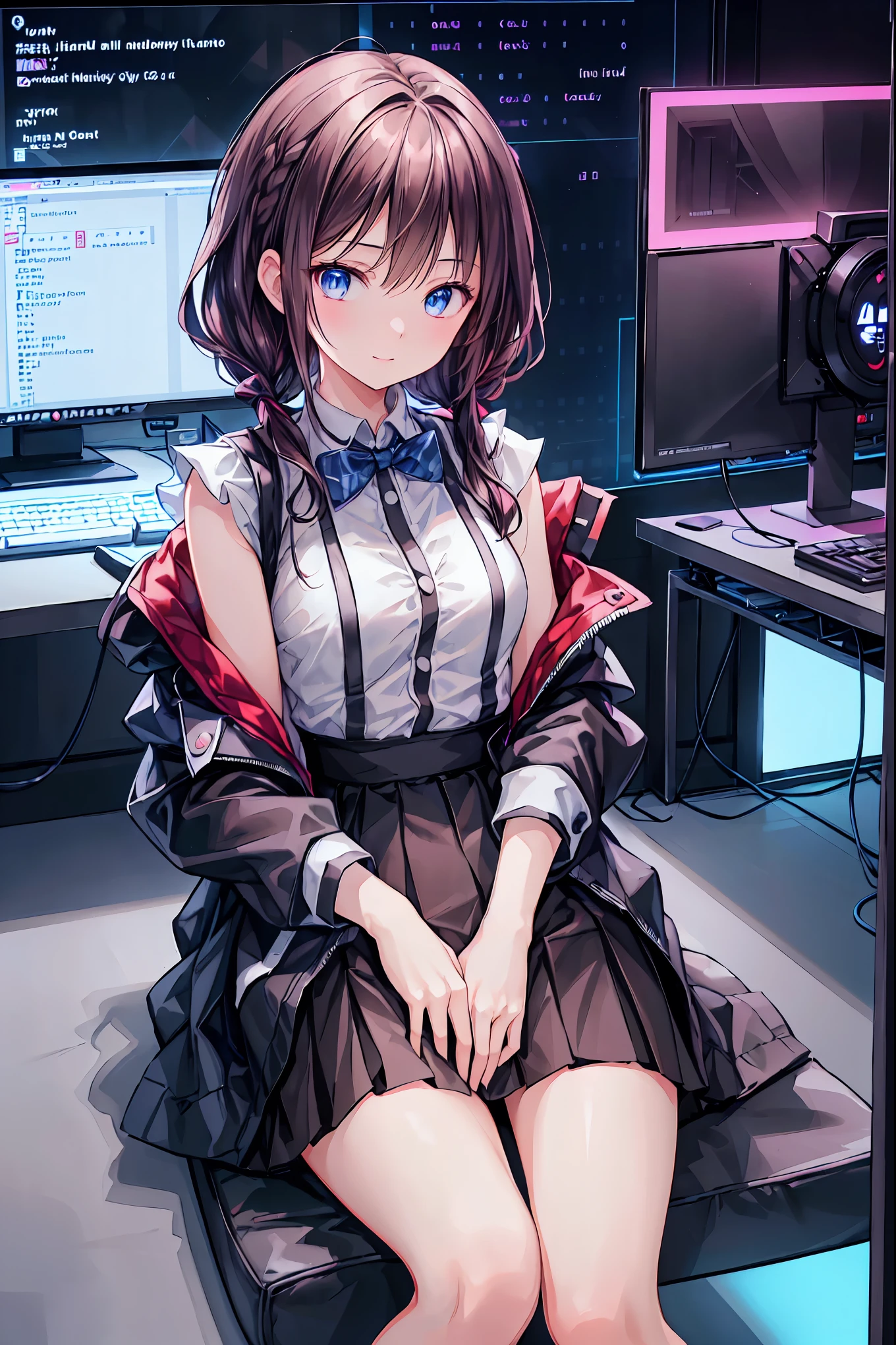 (((peace sign on the side of the face))),laughing,(Speaking Heart), happy, open your mouth, Candy in hand,MANIPULATE YOUR SCREEN LIKE A GAME,(((programming room interior))),EXTREME DETAIL DISPLAY,EXTREME DETAIL DRAWING,typing speedy two hands,IMMERSE YOUR SCREEN,Anime breaking through the digital space,Digital Illustration,Cyberpunk, future,cowboy shot, network ,(((PRIVATE PC ROOM))),(((giant pc monitor))),(((multiple monitors))),((operate the keyboard女の子)),ピース✌️サインをするhacker,hacker,Depict the keyboard accurately,hacked,(スイートhacker),(((is putting a keyboard on her lap))),hacker, Multi Display, Complex image displayed on a modern PC display that glows blue, complicated image displayed on a display, hitting the keyboard in the foreground,Dark Room, night,深night,((凄腕の女子高生hacker)),brown hair,shortcuts,unkempt hair,Short braided hair,Neat,slender beauty,correct posture,small breasted,beautiful legs,Enchanting Gray-Blue Eyes Shine Like Stars,Saggy Eyes,Brilliant Colors,beautiful eyes,A delicate smile,Textured Skin,Best quality at its best,gentle and beautiful woman,anime style、(Hobbies),Holding candy,candy with a different color on one eye,ゲームのように network を突破する,(((PRIVATE PC ROOM))),(((giant pc monitor))),(((multiple monitors))),((operate the keyboard)),DIVERSE IN THE DIGITAL SPACE,不敵にlaughing, 最High Quality, FACE FOCUS, soft lights, ウルトラhigh resolution, (photorealistic:1.4), ORIGINAL PICTURES, 1 Japanese girl, solo, cute, (pupil, individual eye light), (Tiny ),(人間の肌の質感high resolutionの詳細), (long hair), blazer uniform, charcoal vest, skirt, (Upper Thigh), High Quality,4K,8K,high resolution,Masterpiece,Ultra Fine,real,フォトreal,HDR,UHD,Studio Lighting,EXTREME DETAIL DRAWING,Professional,Brilliant Colors彩,ボケ 幸せな表情の女性のhacker,Tight posture,Concentrated Expression
