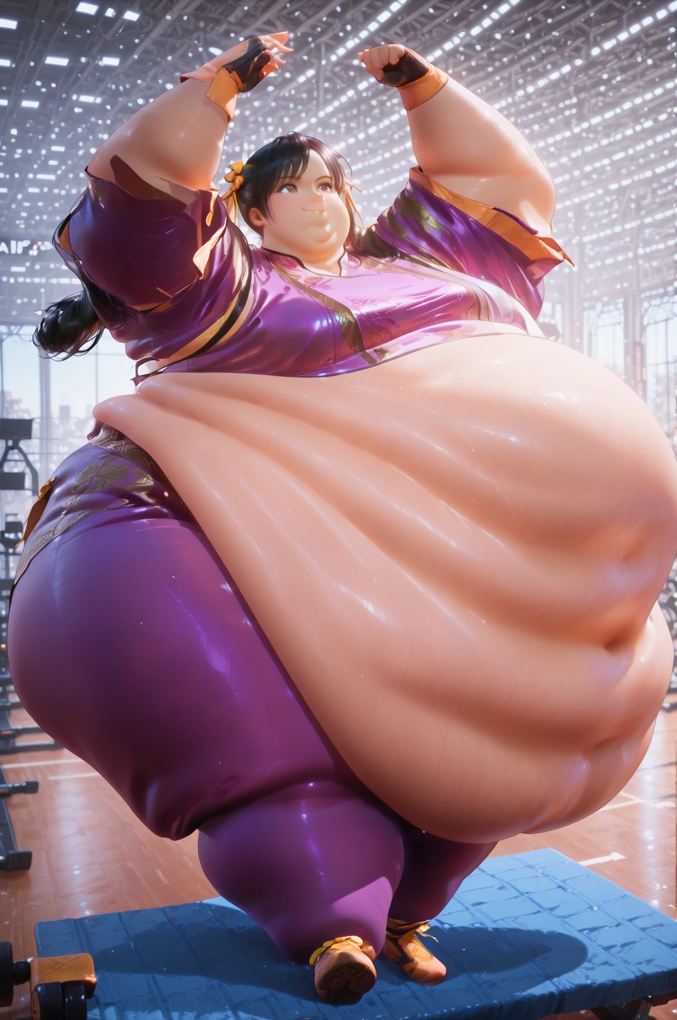 1girl, solo, masterpiece, best quality, retro art style, 1980s\(style\)Ling Xiaoyu, long hair, black hair, twin tails, brown eyes, Asian,  yellow ribbon, double bun, bun cover, purple crop top, purple  leggings, short sleeves, fingerless gloves, olive skin, hyper obese, hyper fat, smile, full body, indoors, gym, exercise, dynamic angle, action pose