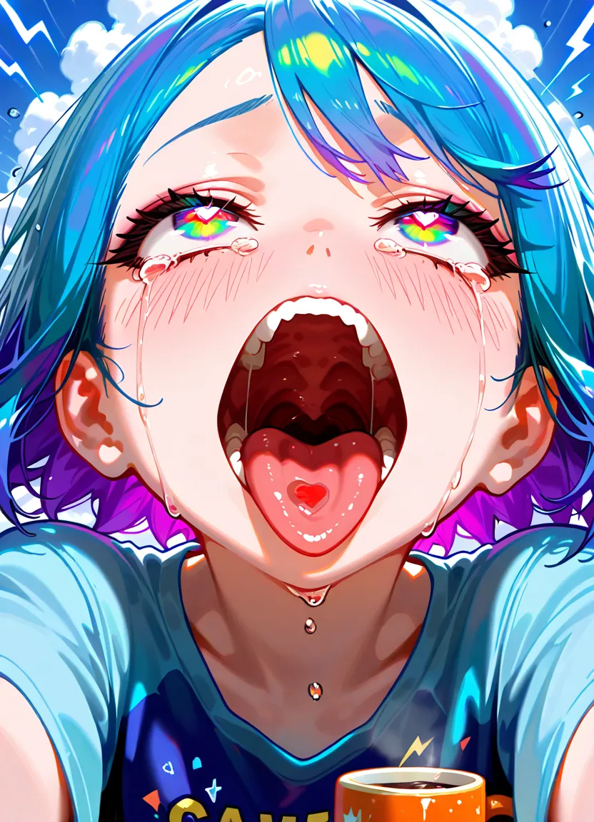 best quality, 8k, 32k, masterpiece, UHD:1.2), highres, sharp focus, beautiful detailed face, delicate details, (cartoon girl with her mouth open and teeth showing) , 1girl, solo, pov, no background, (face close up), ((looking at viewer)), (head up), not wearing headgear, (smile), ((red gum)), (((big teeth))), (()), big mouth, (lighting forward), perfect teeth,round tip teeth, saliva, Twin_Turbo_Umamusume, aqua hair, twintails, heterochromia, purple eyes, blue eyes, (sharp teeth)