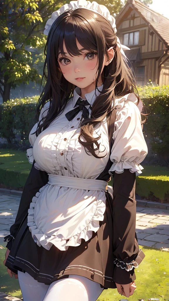 masterpieces,best quality,(ultra_detailed),3D,(realistic:1.9),(photorealistic:1.9),(light falloff at edges:1.9),shallow depth of field,sensual girl,in garden,at morning,western‐style house in the background,plump,(brown _pantyhose,)wavy long hair,built bangs,drooping eyes,wide-set eyes,lovely round eyes,looking away,round face, (maid costume),