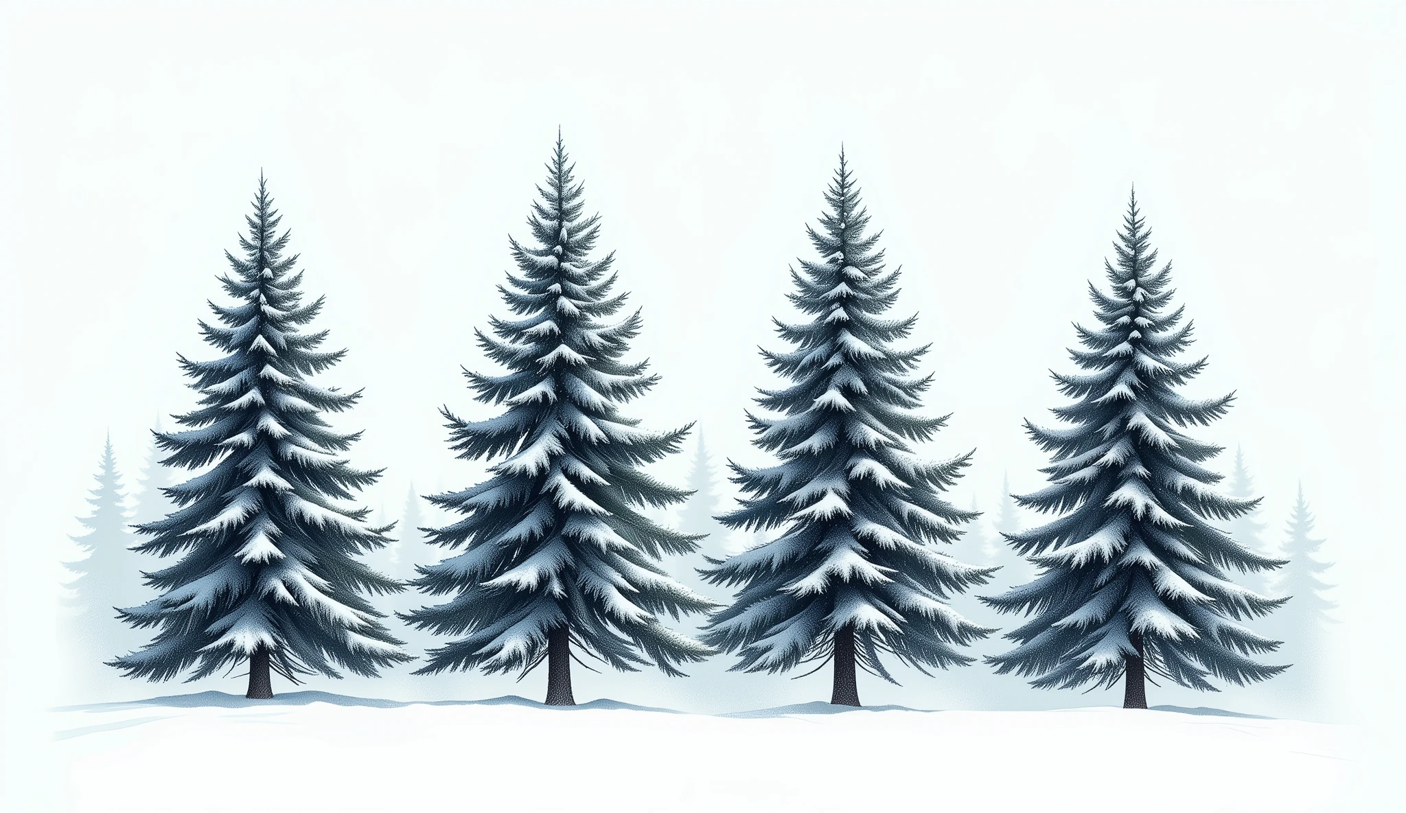 fir trees in a single row with snow on the branches, blank background, painting