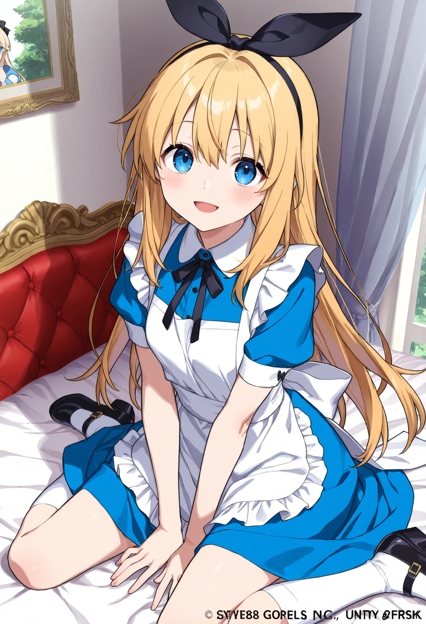 anime girls,(OFFICIAL ART、Highest Quality、unity 8k 壁紙、32K、masterpiece、very detailed、super high resolution)、Amazing、((Alice in Wonderland))、Blonde、tie the hair with a ribbon、blue eye color do two people see、blue apron dress、white socks、