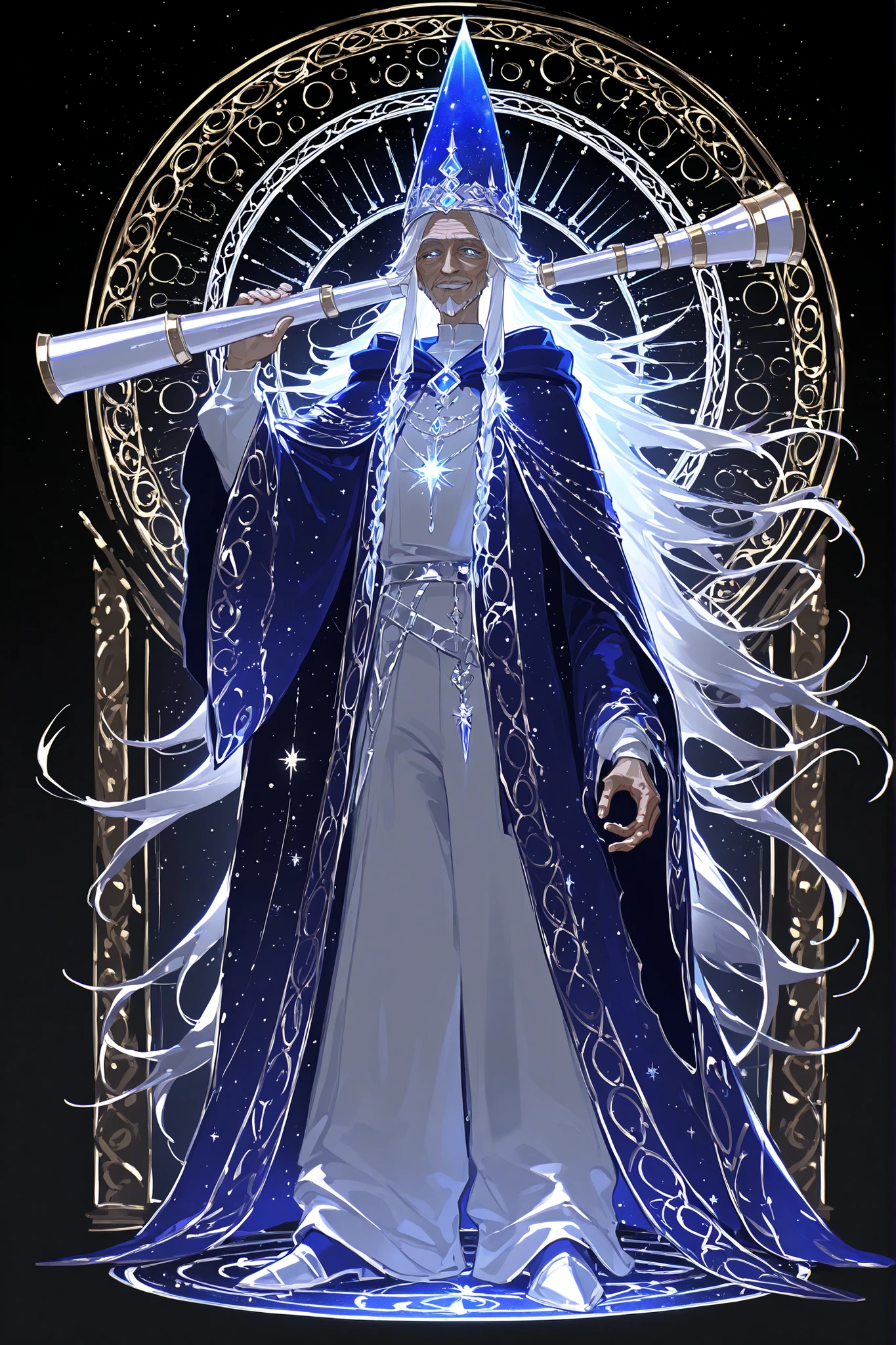 (handfixer, xxx667_illu,hand_telescope) Male character, middle-aged mature cheerful medieval fantasy wizard. He is a tall, skinny, with wrinkled face. He has a long two-tone black-and-white beard that reaches to the ground. He has long gray hair carelessly loose. He wearing a blue conical corn hat on his head decorated with stars. He's wearing a blue hooded robe , cape with a silver lining, loose-fitting trousers and pointy wizard boots.  He holds a silver zodiac staff with a magic multicolored star-crystal hanging.  (in the background: The fantasy interior of the house of a magician stargazer, a in the room of a stellar planetarium standing a large golden telescope with many lenses. There are paintings of the starry sky and pieces of moonstone on the walls.)