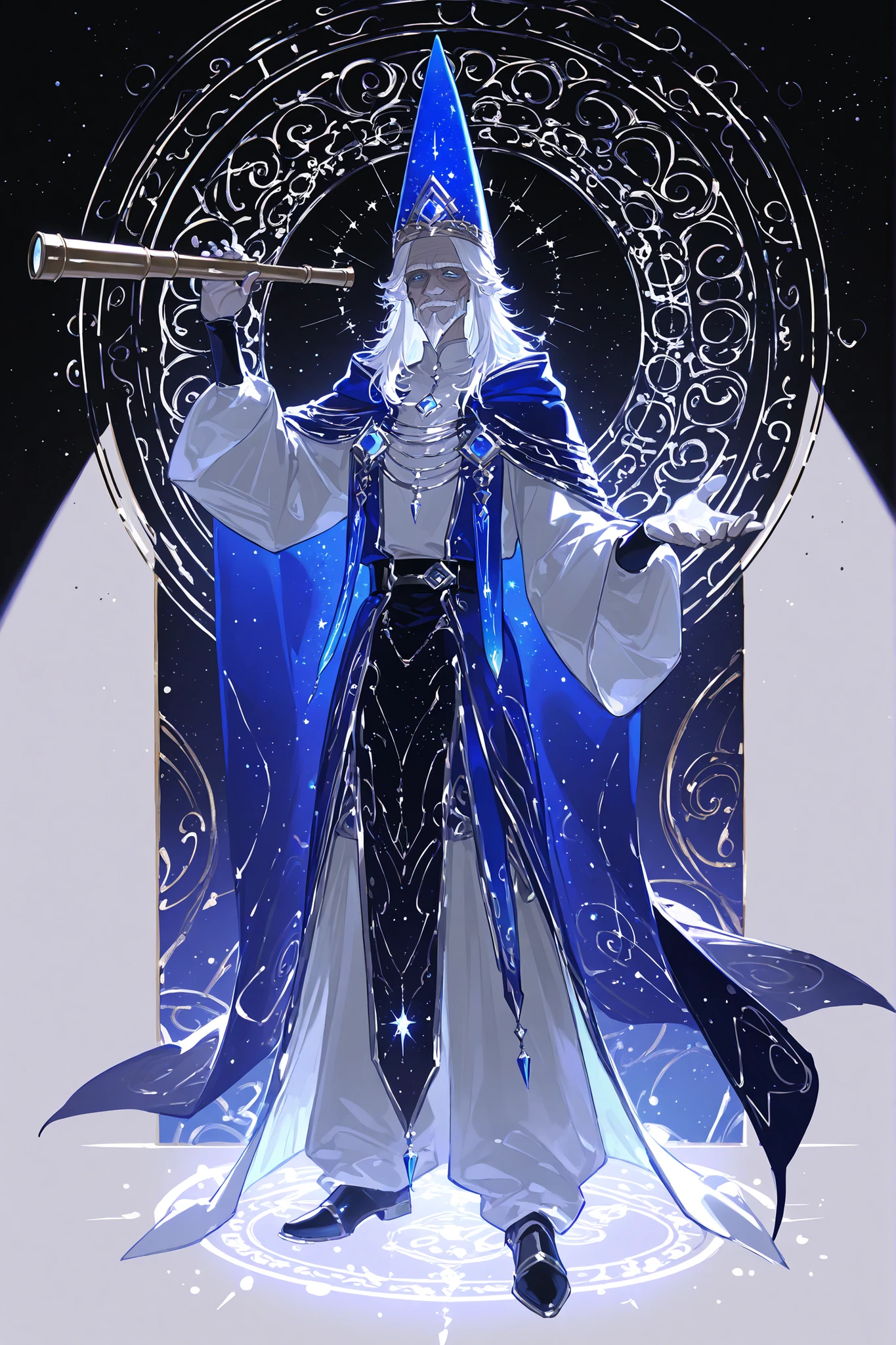 (handfixer, xxx667_illu,hand_telescope) Male character, middle-aged mature cheerful medieval fantasy wizard. He is a tall, skinny, with wrinkled face. He has a long two-tone black-and-white beard that reaches to the ground. He has long gray hair carelessly loose. He wearing a blue conical corn hat on his head decorated with stars. He's wearing a blue hooded robe , cape with a silver lining, loose-fitting trousers and pointy wizard boots. He holds a silver zodiac staff with a magic multicolored star-crystal hanging. (in the background: The fantasy interior of the house of a magician stargazer, a in the room of a stellar planetarium standing a large golden telescope with many lenses. There are paintings of the starry sky and pieces of moonstone on the walls.)