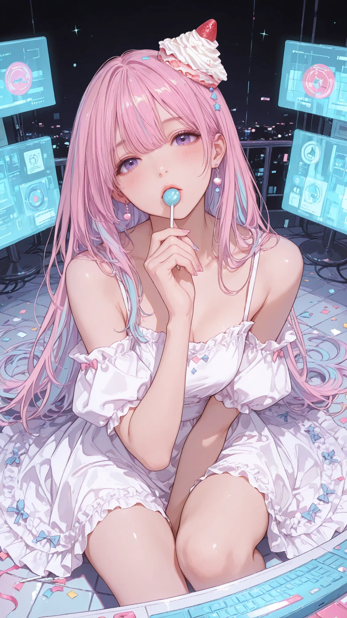 a hyper-realistic full-body portrait of the ultimate “sweet hacker” woman, emerging gracefully in a magnificent cake dress whose cascading creamy frosting layers are lavishly decorated with vivid pastel strawberries, neon sugars, and candy blossoms. perched on her head is a whimsical mini-tiered cake hat sprinkled with playful confetti. she stands before a constellation of floating holographic displays suspended in midair, gaze fixed on the interfaces as one hand rests elegantly on a sleek futuristic holographic keyboard, fingers dancing across luminous keys, orchestrating a dazzling cyber intrusion, while her other hand holds a pastel swirl lollipop candy with a candy-striped stick near her lips. her flawless luminous skin radiates exquisite softness, her ultra-beautiful face framed by flowing silken hair, and her sensual, elegant silhouette exudes irresistible allure. her expression blends happiness with shy embarrassment, cheeks softly flushed. the displays visualize her network breach as if it were a game—firewall gates unfolding, progress bars filling, sugar-light packets racing through glowing grid architectures. the scene is set in a surreal neon-drenched digital banquet hall, dreamlike and majestic, where candy confetti and data-fireflies sparkle in the air. cinematic FLUX-style lighting with soft bokeh, prismatic highlights, dynamic rim lighting, deep depth of field, and a dramatic low-angle perspective emphasize ultimate feminine beauty with tasteful ultra-sensual charm. --style FLUX --v 6 --ar 9:16