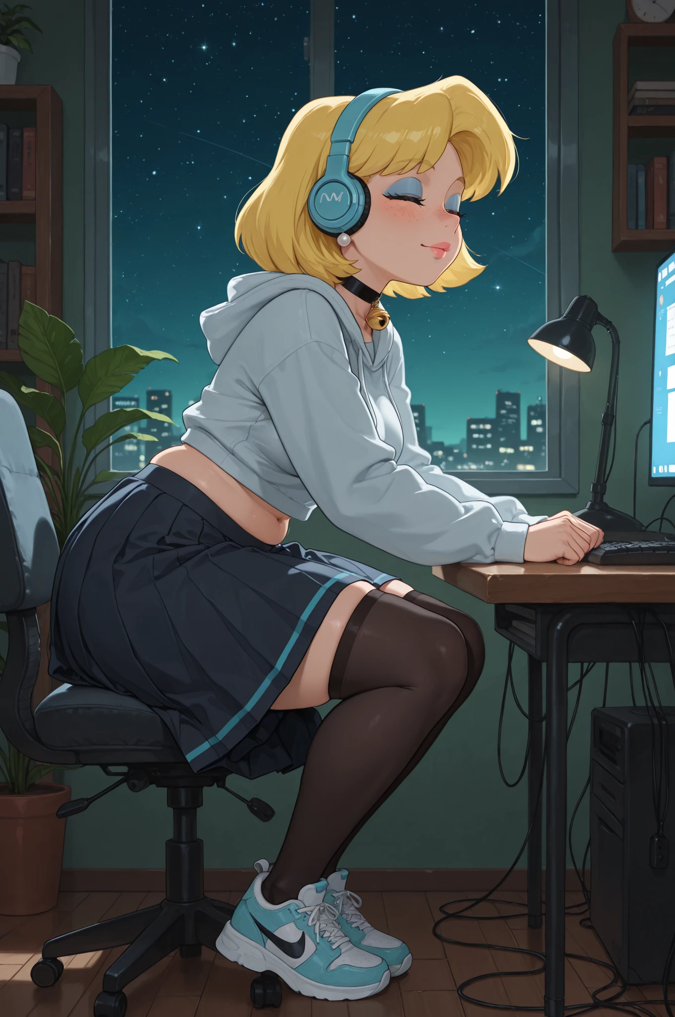 Lori Loud . medium breasts , huge hips , blonde hair , black eyes , blue eyeshadow , pink lips, pearl earrings , white earrings . choker . | 1girl, cute, petite,, relaxed pose, eyes closed,  smooth face, freckles, round face, very cute face, heavy freckles, blush, sleeping on desk, sitting, sleeping, indoors, closed eyes, hanging breasts, side view, desk, chair, monitors,keyboard, computers, cables, bookshelf, pillow, lamp, night, plant, potted plant, sky, star (sky), starry sky, window, windowsill, 1girl, hoodie, long sleeves, midriff, pleated long skirt, black thigh highs, sneakers, headphones,  cat collar, Jingle bell on collar, Masterpiece, best quality, amazing quality, m1nma_sty, CK4w Style, flat green background, high resolution, ultra-detailed, absurdres, minimalistic, cinematic lighting
