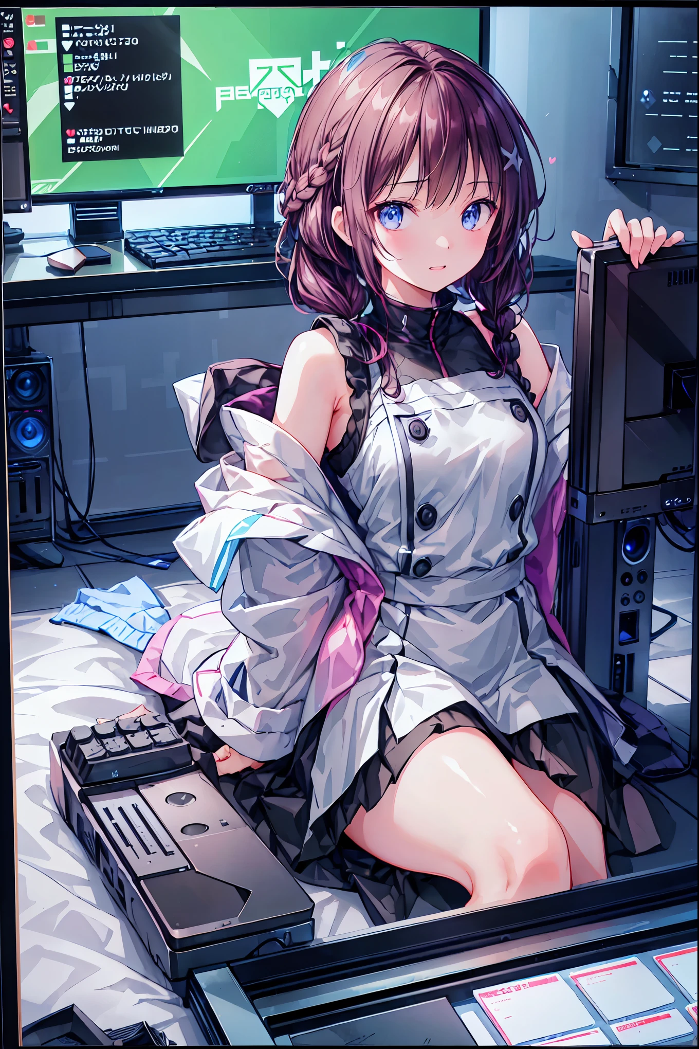 laughing,(Speaking Heart), happy, open your mouth, Candy in hand,MANIPULATE YOUR SCREEN LIKE A GAME,(((programming room interior))),EXTREME DETAIL DISPLAY,EXTREME DETAIL DRAWING,typing speedy two hands,IMMERSE YOUR SCREEN,Anime breaking through the digital space,Digital Illustration,Cyberpunk, future,cowboy shot, network ,(((PRIVATE PC ROOM))),(((giant pc monitor))),(((multiple monitors))),((operate the keyboard女の子)),ピース✌️サインをするhacker,hacker,Depict the keyboard accurately,hacked,(スイートhacker),(((is putting a keyboard on her lap))),hacker, Multi Display, Complex image displayed on a modern PC display that glows blue, complicated image displayed on a display, hitting the keyboard in the foreground,Dark Room, night,深night,((凄腕の女子高生hacker)),brown hair,shortcuts,unkempt hair,Short braided hair,Neat,slender beauty,correct posture,small breasted,beautiful legs,Enchanting Gray-Blue Eyes Shine Like Stars,Saggy Eyes,Brilliant Colors,beautiful eyes,A delicate smile,Textured Skin,Best quality at its best,gentle and beautiful woman,anime style、(Hobbies),Holding candy,candy with a different color on one eye,ゲームのように network を突破する,(((PRIVATE PC ROOM))),(((giant pc monitor))),(((multiple monitors))),((operate the keyboard)),DIVERSE IN THE DIGITAL SPACE,不敵にlaughing, 最High Quality, face focus, soft lights, ウルトラhigh resolution, (photorealistic:1.4), ORIGINAL PICTURES, 1 Japanese girl, solo, cute, (pupil, individual eye light), (Tiny ),(人間の肌の質感high resolutionの詳細), (long hair), blazer uniform, charcoal vest, skirt, (Upper Thigh), High Quality,4K,8K,high resolution,Masterpiece,Ultra Fine,real,フォトreal,HDR,UHD,Studio Lighting,EXTREME DETAIL DRAWING,Professional,Brilliant Colors彩,ボケ 幸せな表情の女性のhacker,Tight posture,Concentrated Expression