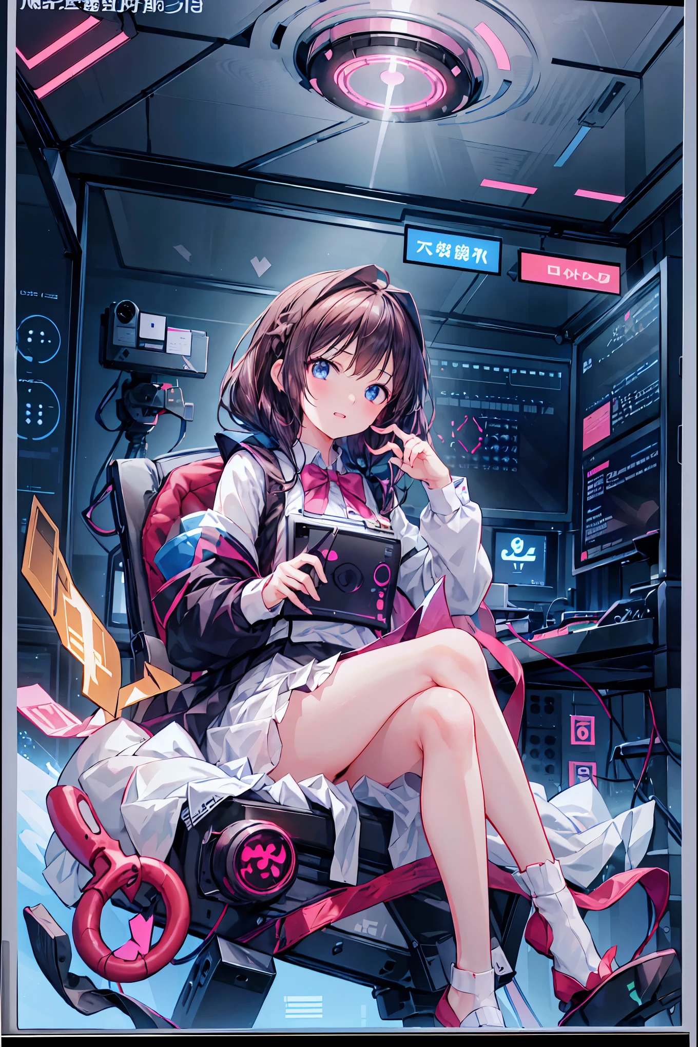 laughing,(Speaking Heart), happy, open your mouth, Candy in hand,MANIPULATE YOUR SCREEN LIKE A GAME,(((programming room interior))),EXTREME DETAIL DISPLAY,EXTREME DETAIL DRAWING,typing speedy two hands,IMMERSE YOUR SCREEN,Anime breaking through the digital space,Digital Illustration,Cyberpunk, future,cowboy shot, network ,(((PRIVATE PC ROOM))),(((giant pc monitor))),(((multiple monitors))),((operate the keyboard女の子)),ピース✌️サインをするhacker,hacker,Depict the keyboard accurately,hacked,(スイートhacker),(((is putting a keyboard on her lap))),hacker, Multi Display, Complex image displayed on a modern PC display that glows blue, complicated image displayed on a display, hitting the keyboard in the foreground,Dark Room, night,深night,((凄腕の女子高生hacker)),brown hair,shortcuts,unkempt hair,Short braided hair,Neat,slender beauty,correct posture,small breasted,beautiful legs,Enchanting Gray-Blue Eyes Shine Like Stars,Saggy Eyes,Brilliant Colors,beautiful eyes,A delicate smile,Textured Skin,Best quality at its best,gentle and beautiful woman,anime style、(Hobbies),Holding candy,candy with a different color on one eye,ゲームのように network を突破する,(((PRIVATE PC ROOM))),(((giant pc monitor))),(((multiple monitors))),((operate the keyboard)),DIVERSE IN THE DIGITAL SPACE,不敵にlaughing, 最High Quality, face focus, soft lights, ウルトラhigh resolution, (photorealistic:1.4), ORIGINAL PICTURES, 1 Japanese girl, solo, cute, (pupil, individual eye light), (Tiny ),(人間の肌の質感high resolutionの詳細), (long hair), blazer uniform, charcoal vest, skirt, (Upper Thigh), High Quality,4K,8K,high resolution,Masterpiece,Ultra Fine,real,フォトreal,HDR,UHD,Studio Lighting,EXTREME DETAIL DRAWING,Professional,Brilliant Colors彩,ボケ 幸せな表情の女性のhacker,Tight posture,Concentrated Expression