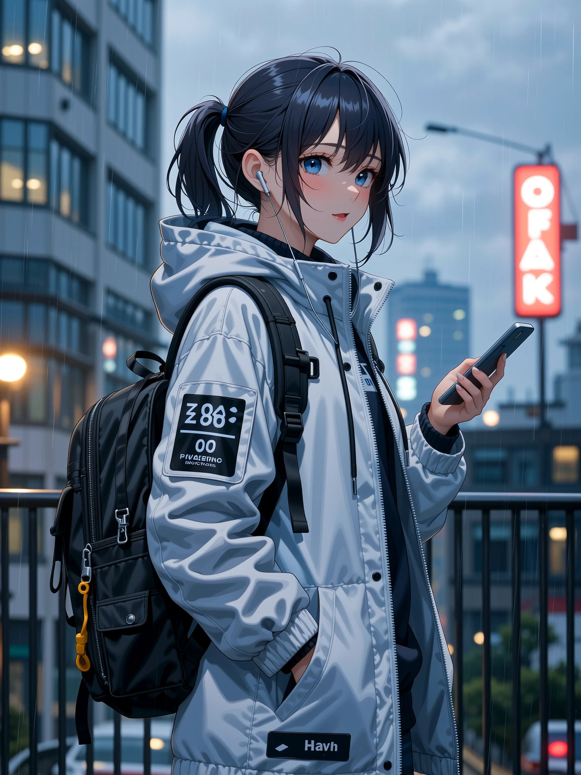 (masterpiece), (highest quality:1.4), (ultra high resolution:1.2),  super detailed background, (unity 8k wallpaper),Shibuya Ward、city pop、(headphones:1.2)、masterpiece, (anime girl alone:1.3), incredibly absurd, hoodie,pedestrian crossing, outdoor, rain, Tokyo, neon light.high school girl、profile、whole body、