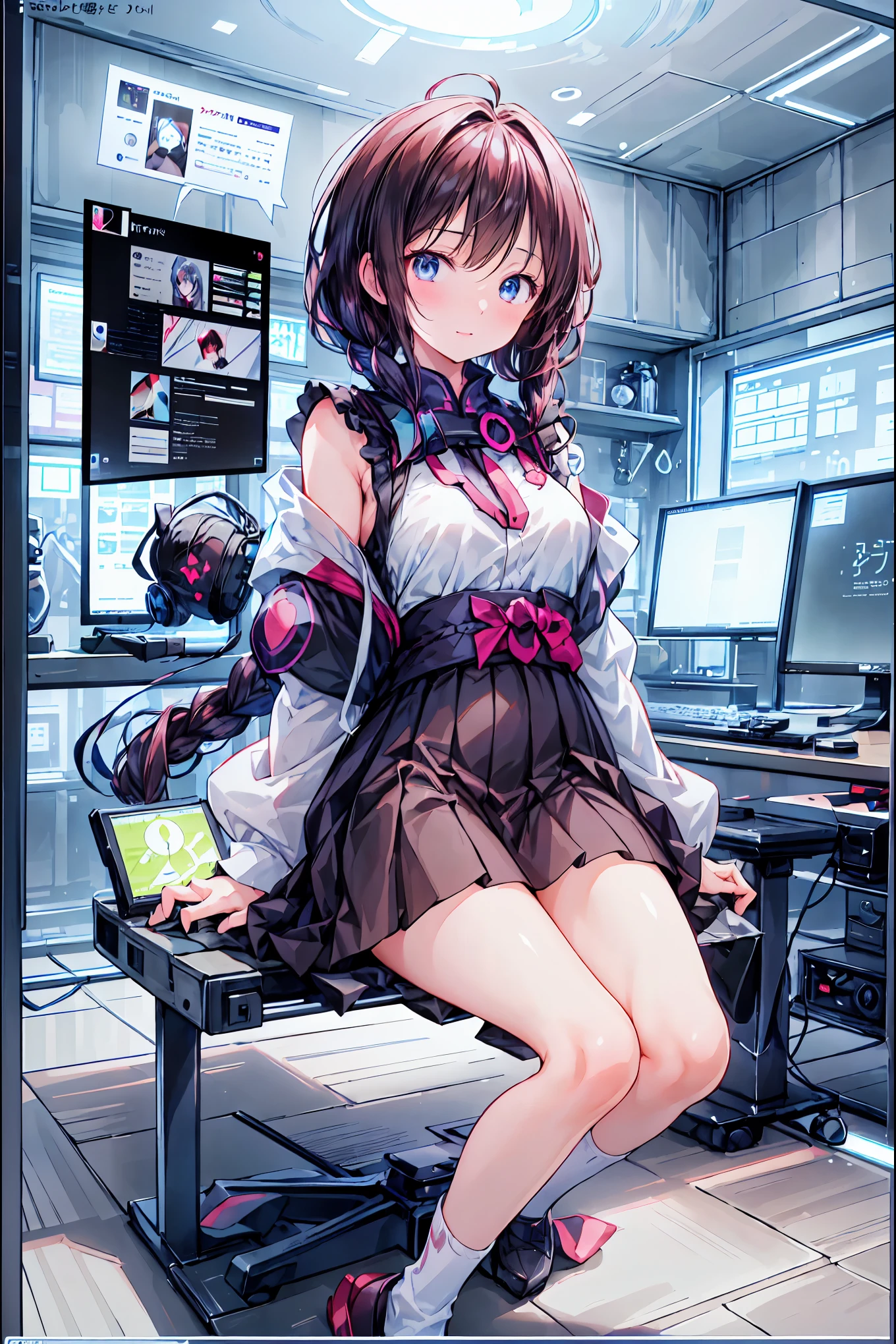 laughing,(Speaking Heart), happy, open your mouth, Candy in hand,MANIPULATE YOUR SCREEN LIKE A GAME,(((programming room interior))),EXTREME DETAIL DISPLAY,EXTREME DETAIL DRAWING,typing speedy two hands,IMMERSE YOUR SCREEN,Anime breaking through the digital space,Digital Illustration,Cyberpunk, future,cowboy shot, network ,(((PRIVATE PC ROOM))),(((giant pc monitor))),(((multiple monitors))),((operate the keyboard女の子)),ピース✌️サインをするhacker,hacker,Depict the keyboard accurately,hacked,(スイートhacker),(((is putting a keyboard on her lap))),hacker, Multi Display, Complex image displayed on a modern PC display that glows blue, complicated image displayed on a display, hitting the keyboard in the foreground,Dark Room, night,深night,((凄腕の女子高生hacker)),brown hair,shortcuts,unkempt hair,Short braided hair,Neat,slender beauty,correct posture,small breasted,beautiful legs,Enchanting Gray-Blue Eyes Shine Like Stars,Saggy Eyes,Brilliant Colors,beautiful eyes,A delicate smile,Textured Skin,Best quality at its best,gentle and beautiful woman,anime style、(Hobbies),Holding candy,candy with a different color on one eye,ゲームのように network を突破する,(((PRIVATE PC ROOM))),(((giant pc monitor))),(((multiple monitors))),((operate the keyboard)),DIVERSE IN THE DIGITAL SPACE,不敵にlaughing, 最High Quality, face focus, soft lights, ウルトラhigh resolution, (photorealistic:1.4), ORIGINAL PICTURES, 1 Japanese girl, solo, cute, (pupil, individual eye light), (Tiny ),(人間の肌の質感high resolutionの詳細), (long hair), blazer uniform, charcoal vest, skirt, (Upper Thigh), High Quality,4K,8K,high resolution,Masterpiece,Ultra Fine,real,フォトreal,HDR,UHD,Studio Lighting,EXTREME DETAIL DRAWING,Professional,Brilliant Colors彩,ボケ 幸せな表情の女性のhacker,Tight posture,Concentrated Expression