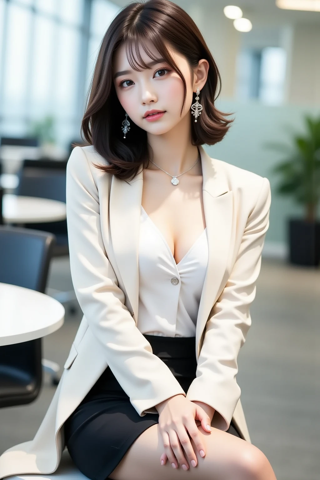  score_9, score_8_    up, score_7_    up, s    uper detailed,     realistic photo of the garden  、 Realistic Skin、Alone、   beautiful Japanese woman ,   thin waist,   Growing skin exposing genitals ,  gray suit,  or,   office女性スタッフ , Chanel style suit     ,   miniskirt,   office, Mesa, Thin Face,  short hair, presentation where my white blouse is about to break、、 elegant 