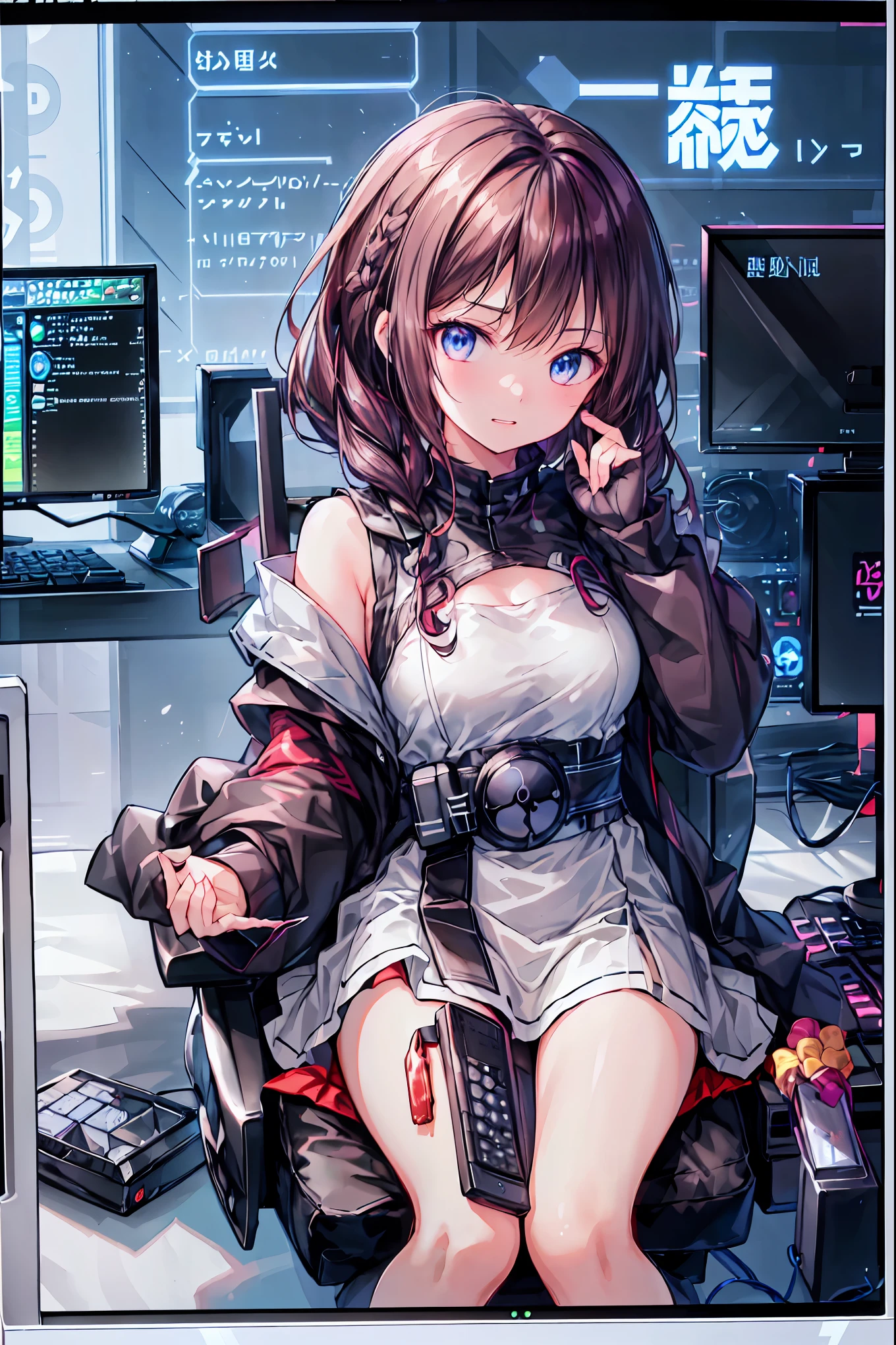 laughing,(Speaking Heart), happy, open your mouth, Candy in hand,MANIPULATE YOUR SCREEN LIKE A GAME,(((programming room interior))),EXTREME DETAIL DISPLAY,EXTREME DETAIL DRAWING,typing speedy two hands,IMMERSE YOUR SCREEN,Anime breaking through the digital space,Digital Illustration,Cyberpunk, future,cowboy shot, network ,(((PRIVATE PC ROOM))),(((giant pc monitor))),(((multiple monitors))),((operate the keyboard女の子)),ピース✌️サインをするhacker,hacker,Depict the keyboard accurately,hacked,(スイートhacker),(((is putting a keyboard on her lap))),hacker, Multi Display, Complex image displayed on a modern PC display that glows blue, complicated image displayed on a display, hitting the keyboard in the foreground,Dark Room, night,深night,((凄腕の女子高生hacker)),brown hair,shortcuts,unkempt hair,Short braided hair,Neat,slender beauty,correct posture,small breasted,beautiful legs,Enchanting Gray-Blue Eyes Shine Like Stars,Saggy Eyes,Brilliant Colors,beautiful eyes,A delicate smile,Textured Skin,Best quality at its best,gentle and beautiful woman,anime style、(Hobbies),Holding candy,candy with a different color on one eye,ゲームのように network を突破する,(((PRIVATE PC ROOM))),(((giant pc monitor))),(((multiple monitors))),((operate the keyboard)),DIVERSE IN THE DIGITAL SPACE,不敵にlaughing, 最High Quality, face focus, soft lights, ウルトラhigh resolution, (photorealistic:1.4), ORIGINAL PICTURES, 1 Japanese girl, solo, cute, (pupil, individual eye light), (Tiny ),(人間の肌の質感high resolutionの詳細), (long hair), blazer uniform, charcoal vest, skirt, (Upper Thigh), High Quality,4K,8K,high resolution,Masterpiece,Ultra Fine,real,フォトreal,HDR,UHD,Studio Lighting,EXTREME DETAIL DRAWING,Professional,Brilliant Colors彩,ボケ 幸せな表情の女性のhacker,Tight posture,Concentrated Expression