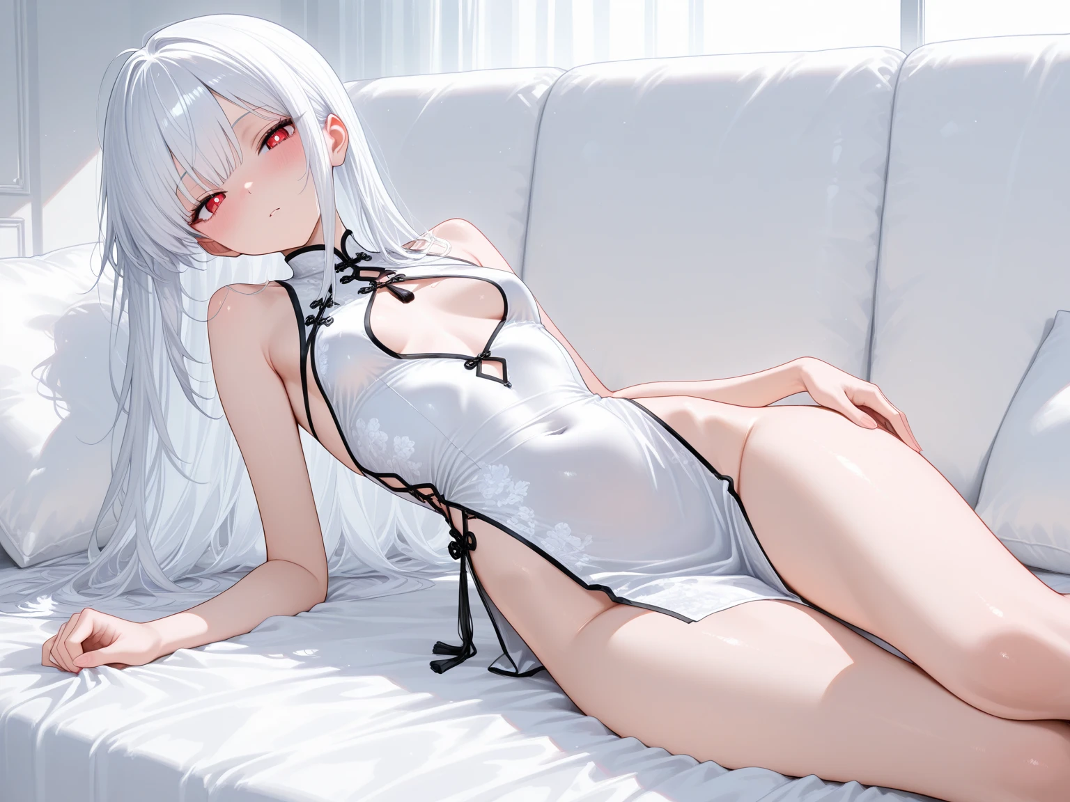 16yo girl, 独奏， tmasterpiece, Best quality at best, realisticlying, ultra - detailed, (shiny skins, perspired:1.5), absurderes, long  white hair, Light red eyes,slenderness,Dynamic light and shadow,A high resolution,Sharp focus,depth of fields,The eyes are delicate,Sharp pupils,pupil realistic,(smallunderboob:1.42),(Thigh thick:0.8)，White ，soaking wet，浴室，Do yoga，Expose  exposed ，stroking ，Mouth bite ，，The whole body is white, and the body is petite and cute ，Facial expression nymphomaniac ，The mouth is full of --auto