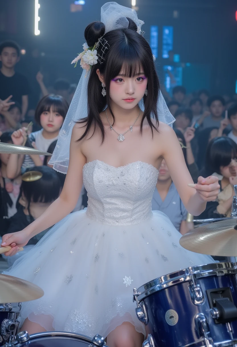 a beautiful young japanese idol in a white dress and veil holding a microphone, extremely detailed and realistic portrait, intricate anime cosplay, ig model, artcore style, lost in reverie, 8k resolution, canon eos r6 photography