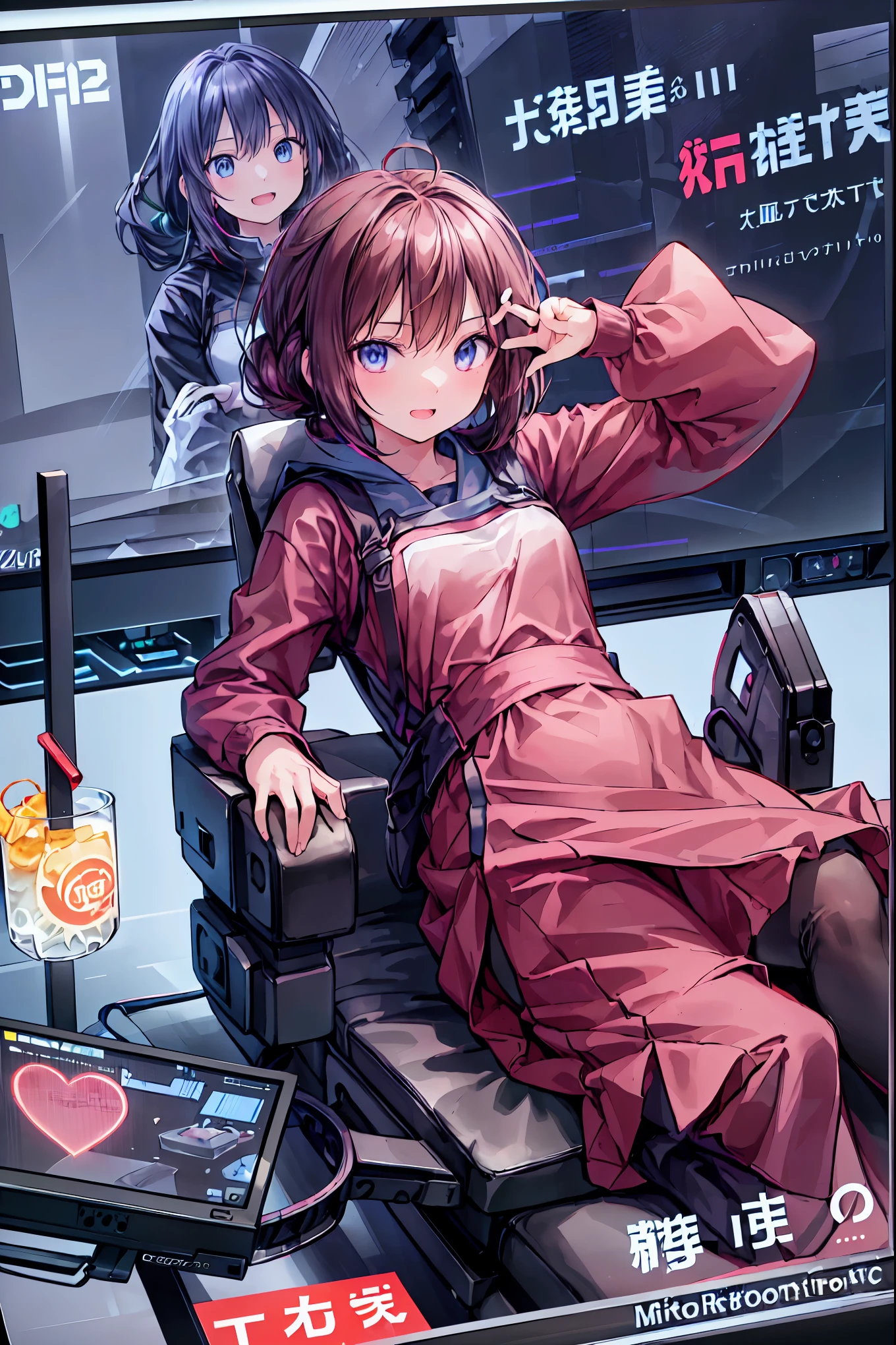 laughing,(Speaking Heart), happy, open your mouth, Candy in hand,MANIPULATE YOUR SCREEN LIKE A GAME,(((programming room interior))),EXTREME DETAIL DISPLAY,EXTREME DETAIL DRAWING,typing speedy two hands,IMMERSE YOUR SCREEN,Anime breaking through the digital space,Digital Illustration,Cyberpunk, future,cowboy shot, network ,(((PRIVATE PC ROOM))),(((giant pc monitor))),(((multiple monitors))),((operate the keyboard女の子)),ピース✌️サインをするhacker,hacker,Depict the keyboard accurately,hacked,(スイートhacker),(((is putting a keyboard on her lap))),hacker, Multi Display, Complex image displayed on a modern PC display that glows blue, complicated image displayed on a display, hitting the keyboard in the foreground,Dark Room, night,深night,((凄腕の女子高生hacker)),brown hair,shortcuts,unkempt hair,Short braided hair,Neat,slender beauty,correct posture,small breasted,beautiful legs,Enchanting Gray-Blue Eyes Shine Like Stars,Saggy Eyes,Brilliant Colors,beautiful eyes,A delicate smile,Textured Skin,Best quality at its best,gentle and beautiful woman,anime style、(Hobbies),Holding candy,candy with a different color on one eye,ゲームのように network を突破する,(((PRIVATE PC ROOM))),(((giant pc monitor))),(((multiple monitors))),((operate the keyboard)),DIVERSE IN THE DIGITAL SPACE,不敵にlaughing, 最High Quality, face focus, soft lights, ウルトラhigh resolution, (photorealistic:1.4), ORIGINAL PICTURES, 1 Japanese girl, solo, cute, (pupil, individual eye light), (Tiny ),(人間の肌の質感high resolutionの詳細), (long hair), blazer uniform, charcoal vest, skirt, (Upper Thigh), High Quality,4K,8K,high resolution,Masterpiece,Ultra Fine,real,フォトreal,HDR,UHD,Studio Lighting,EXTREME DETAIL DRAWING,Professional,Brilliant Colors彩,ボケ 幸せな表情の女性のhacker,Tight posture,Concentrated Expression