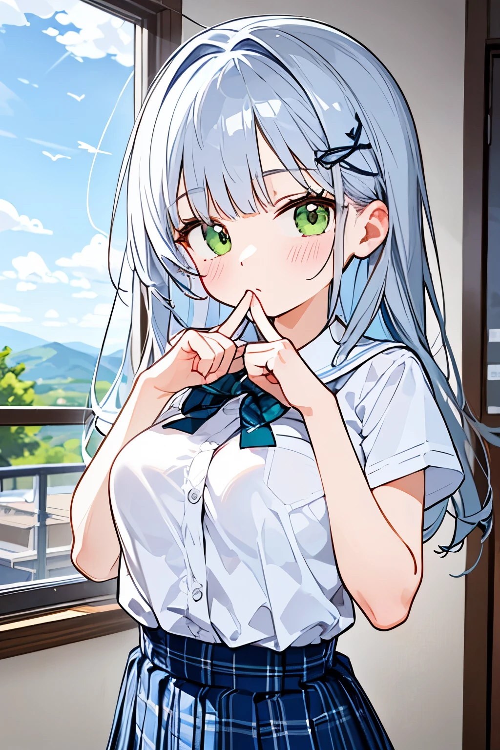 Western Beauties,One person,masterpiece,moving illustrations, natural body,Straight Hair,(detailed hands) ,Blue x silver hair,(clear x green eyes),healthy-looking skin、(Short sleeve+school uniform),(Plaid x skirt),classrooms,ladylike personality,(blowing in the wind),style is good,(marshmallow breasts ),overall configuration,Cute gestures,