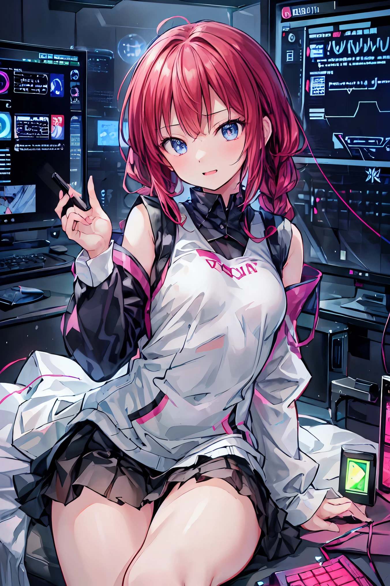 laughing,(Speaking Heart), happy, open your mouth, Candy in hand,MANIPULATE YOUR SCREEN LIKE A GAME,(((programming room interior))),EXTREME DETAIL DISPLAY,EXTREME DETAIL DRAWING,typing speedy two hands,IMMERSE YOUR SCREEN,Anime breaking through the digital space,Digital Illustration,Cyberpunk, future,cowboy shot, network ,(((PRIVATE PC ROOM))),(((giant pc monitor))),(((multiple monitors))),((operate the keyboard女の子)),ピース✌️サインをするhacker,hacker,Depict the keyboard accurately,hacked,(スイートhacker),(((is putting a keyboard on her lap))),hacker, Multi Display, Complex image displayed on a modern PC display that glows blue, complicated image displayed on a display, hitting the keyboard in the foreground,Dark Room, night,深night,((凄腕の女子高生hacker)),brown hair,shortcuts,unkempt hair,Short braided hair,Neat,slender beauty,correct posture,small breasted,beautiful legs,Enchanting Gray-Blue Eyes Shine Like Stars,Saggy Eyes,Brilliant Colors,beautiful eyes,A delicate smile,Textured Skin,Best quality at its best,gentle and beautiful woman,anime style、(Hobbies),Holding candy,candy with a different color on one eye,ゲームのように network を突破する,(((PRIVATE PC ROOM))),(((giant pc monitor))),(((multiple monitors))),((operate the keyboard)),DIVERSE IN THE DIGITAL SPACE,不敵にlaughing, 最High Quality, face focus, soft lights, ウルトラhigh resolution, (photorealistic:1.4), ORIGINAL PICTURES, 1 Japanese girl, solo, cute, (pupil, individual eye light), (Tiny ),(人間の肌の質感high resolutionの詳細), (long hair), blazer uniform, charcoal vest, skirt, (Upper Thigh), High Quality,4K,8K,high resolution,Masterpiece,Ultra Fine,real,フォトreal,HDR,UHD,Studio Lighting,EXTREME DETAIL DRAWING,Professional,Brilliant Colors彩,ボケ 幸せな表情の女性のhacker,Tight posture,Concentrated Expression