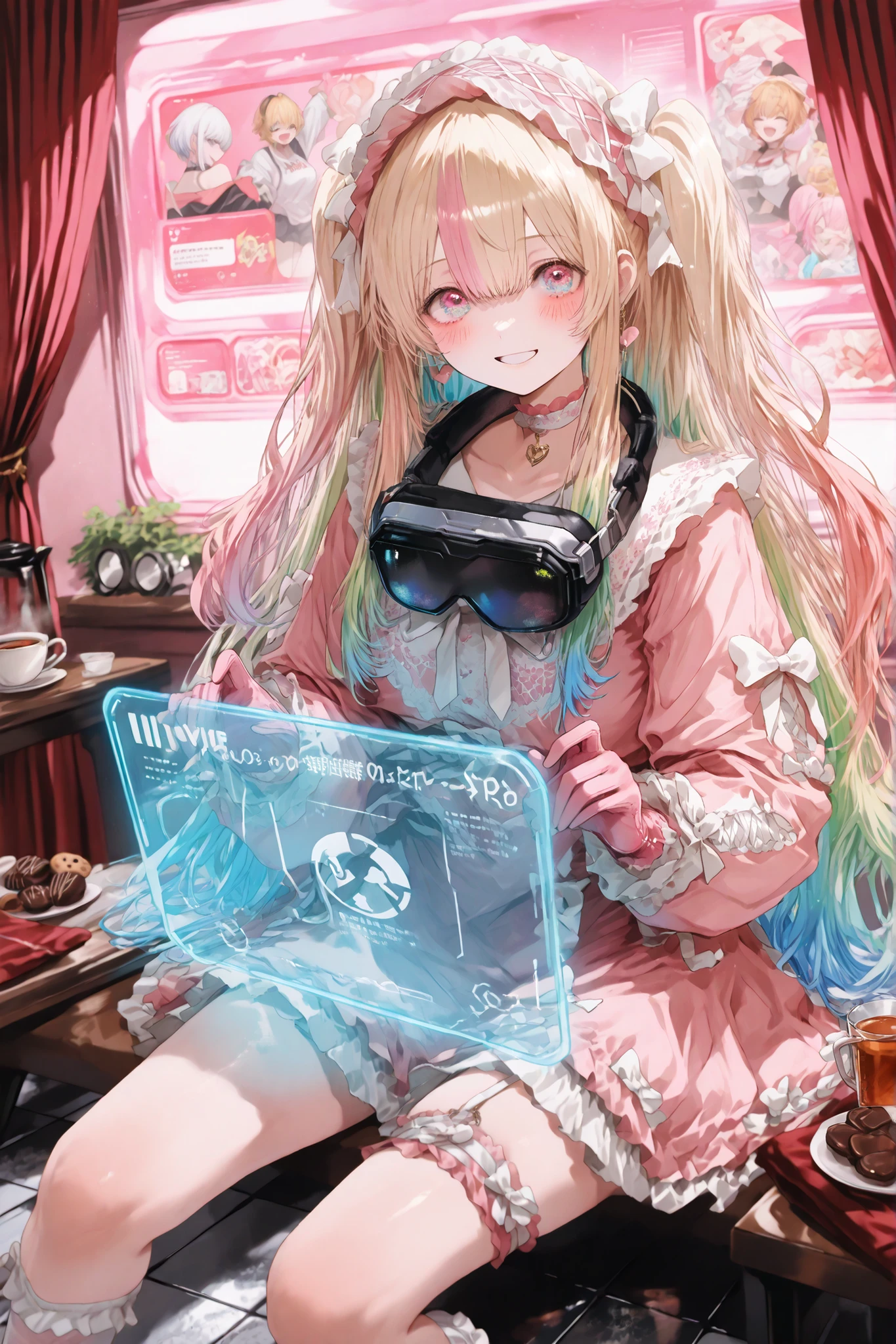 (( Futuristic Headphones 、reflective sunglasses、     holographic effects     、Glass Texture   、Transparent material、Tech Accessories)),最High Quality, masterpiece, Cartoon Style Production、Big Legs, Animated Acetate Tiles 、spill 5 ml of anatomically accurate、LED Choker、、Super Detailed,high resolution,Acetate Rendering,High Quality、,Acetate Core _9、Acetate Core _8_up、Acetate Core _7_up、最High Quality、  LED Choker、一人のgirls（ hacker、 Blue Light on Computer Screens、((pink and white sweet lolita fashion with big legs))、mesh hair、 ((Very long colorful hair)) 、 girls,virtual YouTuber  、big leg production、girls、VR goggles、Colourful Eyes 、marshmallow body、plump 、 pink thimble gloves      、Headphones for Listening to Music、( radiant smile )）、Nice room、 Raffle Curtains 、Pink Wallpaper、((candy、cookie、Chocolate、table、Black Tea))Code display、digital art、high resolution、multiple holographic displays around the neck with large legs {X} Animated Acetate Tiles, data stream,,multiple hologram screens, multiple hologram screens Around the Neck, 、      Cyberpunk Aesthetics ,     デジタルhacker     , FX 、 Multiple Hologram Screens Around the Neck、、cyberpunk tile、vibe：pastel lighting、Sparkling glitter effect 、柔らかいvibe。    amazing light、- framing 