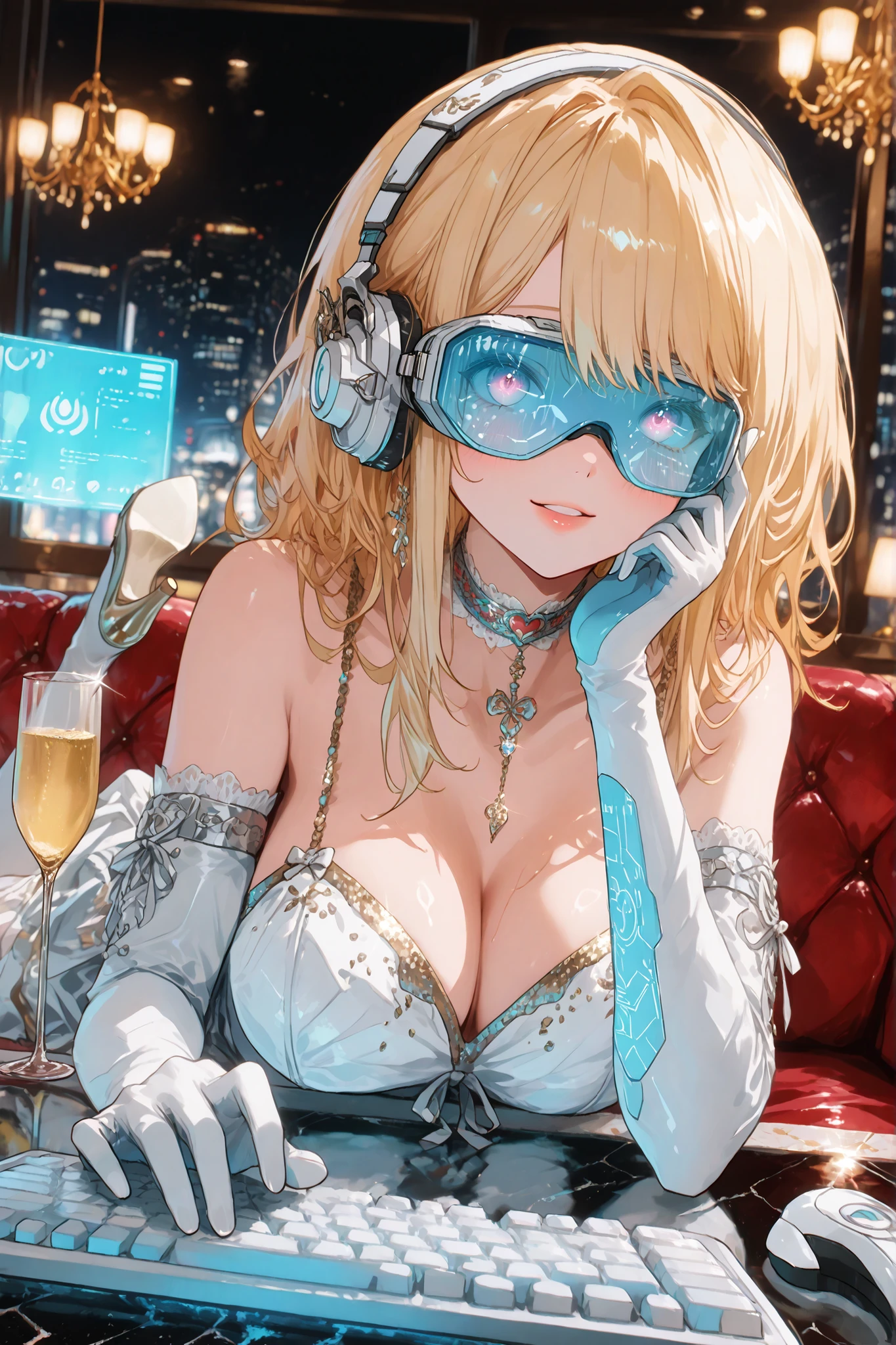 (( Futuristic Headphones 、reflective sunglasses、     holographic effect VR goggles、Glass Texture    、Transparent material、  Technology accessories)),最High Quality, masterpiece, bigfoot cartoon style production, Animated Acetate Tiles 、5 ml anatomically accurate spill、LED Choker、、Super Detailed,high resolution,Acetate Rendering,High Quality、,Acetate Core _9、Acetate Core _8_up、Acetate Core _7_up、最High Quality、((スイートルームに滞在するhacker少女))、  (( hacker、working on laptop 、Blonde(Highlights Pink )The letters on the neon light 、sophisticated expression、Charming Eyes、Luxurious Decorations、Medium Bust、gorgeous dress、long gloves)Luxury Hotel Suites、Luxurious Interiors、chandelier、night、luxury plush sofa、((champagne glasses on the table))、high resolution、Realistic、Highly Detailed Skin Texture、masterpiece、8K Quality、soft sentences、クローズup、Focus Effect、 Glowing Mechanical Keyboard with Multiple Hologram Displays、、Cyber Effects、fusing with electronic light、cyberpunk aesthetics、floating data screen