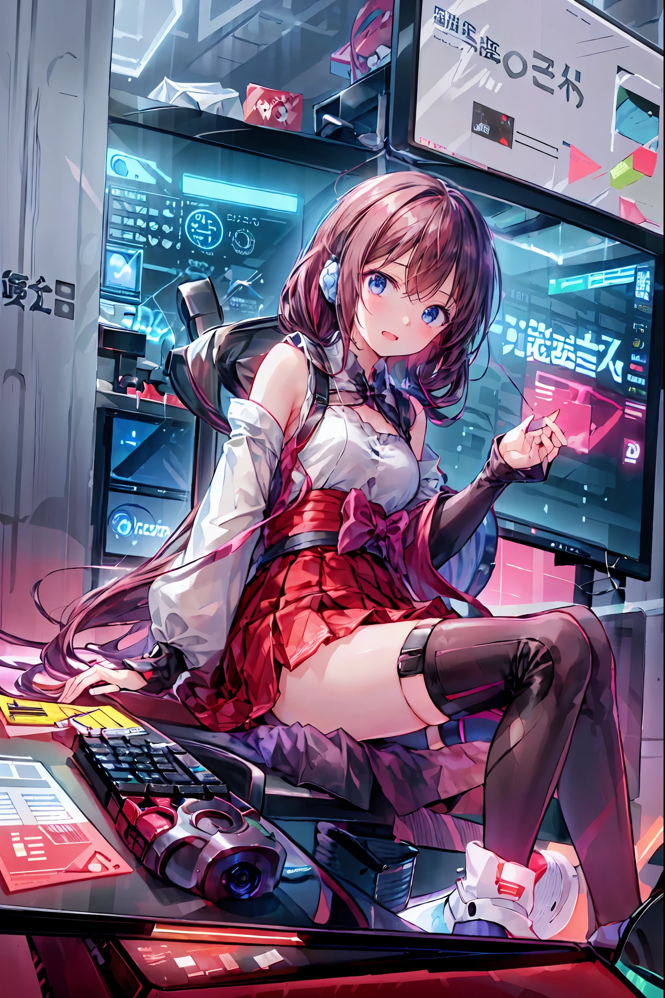 laughing,(Speaking Heart), happy, open your mouth, Candy in hand,MANIPULATE YOUR SCREEN LIKE A GAME,(((programming room interior))),EXTREME DETAIL DISPLAY,EXTREME DETAIL DRAWING,typing speedy two hands,IMMERSE YOUR SCREEN,Anime breaking through the digital space,Digital Illustration,Cyberpunk, future,cowboy shot, network ,(((PRIVATE PC ROOM))),(((giant pc monitor))),(((multiple monitors))),((operate the keyboard女の子)),ピース✌️サインをするhacker,hacker,Depict the keyboard accurately,hacked,(スイートhacker),(((is putting a keyboard on her lap))),hacker, Multi Display, Complex image displayed on a modern PC display that glows blue, complicated image displayed on a display, hitting the keyboard in the foreground,Dark Room, night,深night,((凄腕の女子高生hacker)),brown hair,shortcuts,unkempt hair,Short braided hair,Neat,slender beauty,correct posture,small breasted,beautiful legs,Enchanting Gray-Blue Eyes Shine Like Stars,Saggy Eyes,Brilliant Colors,beautiful eyes,A delicate smile,Textured Skin,Best quality at its best,gentle and beautiful woman,anime style、(Hobbies),Holding candy,candy with a different color on one eye,ゲームのように network を突破する,(((PRIVATE PC ROOM))),(((giant pc monitor))),(((multiple monitors))),((operate the keyboard)),DIVERSE IN THE DIGITAL SPACE,不敵にlaughing, 最High Quality, face focus, soft lights, ウルトラhigh resolution, (photorealistic:1.4), ORIGINAL PICTURES, 1 Japanese girl, solo, cute, (pupil, individual eye light), (Tiny ),(人間の肌の質感high resolutionの詳細), (long hair), blazer uniform, charcoal vest, skirt, (Upper Thigh), High Quality,4K,8K,high resolution,Masterpiece,Ultra Fine,real,フォトreal,HDR,UHD,Studio Lighting,EXTREME DETAIL DRAWING,Professional,Brilliant Colors彩,ボケ 幸せな表情の女性のhacker,Tight posture,Concentrated Expression