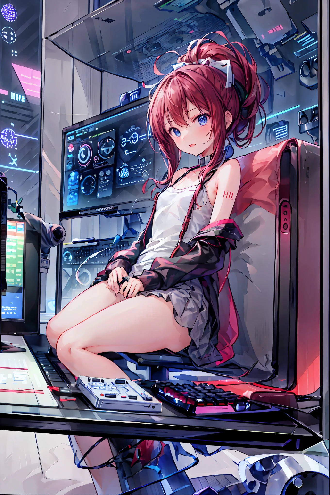 laughing,(Speaking Heart), happy, open your mouth, Candy in hand,MANIPULATE YOUR SCREEN LIKE A GAME,(((programming room interior))),EXTREME DETAIL DISPLAY,EXTREME DETAIL DRAWING,typing speedy two hands,IMMERSE YOUR SCREEN,Anime breaking through the digital space,Digital Illustration,Cyberpunk, future,cowboy shot, network ,(((PRIVATE PC ROOM))),(((giant pc monitor))),(((multiple monitors))),((operate the keyboard女の子)),ピース✌️サインをするhacker,hacker,Depict the keyboard accurately,hacked,(スイートhacker),(((is putting a keyboard on her lap))),hacker, Multi Display, Complex image displayed on a modern PC display that glows blue, complicated image displayed on a display, hitting the keyboard in the foreground,Dark Room, night,深night,((凄腕の女子高生hacker)),brown hair,shortcuts,unkempt hair,Short braided hair,Neat,slender beauty,correct posture,small breasted,beautiful legs,Enchanting Gray-Blue Eyes Shine Like Stars,Saggy Eyes,Brilliant Colors,beautiful eyes,A delicate smile,Textured Skin,Best quality at its best,gentle and beautiful woman,anime style、(Hobbies),Holding candy,candy with a different color on one eye,ゲームのように network を突破する,(((PRIVATE PC ROOM))),(((giant pc monitor))),(((multiple monitors))),((operate the keyboard)),DIVERSE IN THE DIGITAL SPACE,不敵にlaughing, 最High Quality, face focus, soft lights, ウルトラhigh resolution, (photorealistic:1.4), ORIGINAL PICTURES, 1 Japanese girl, solo, cute, (pupil, individual eye light), (Tiny ),(人間の肌の質感high resolutionの詳細), (long hair), blazer uniform, charcoal vest, skirt, (Upper Thigh), High Quality,4K,8K,high resolution,Masterpiece,Ultra Fine,real,フォトreal,HDR,UHD,Studio Lighting,EXTREME DETAIL DRAWING,Professional,Brilliant Colors彩,ボケ 幸せな表情の女性のhacker,Tight posture,Concentrated Expression