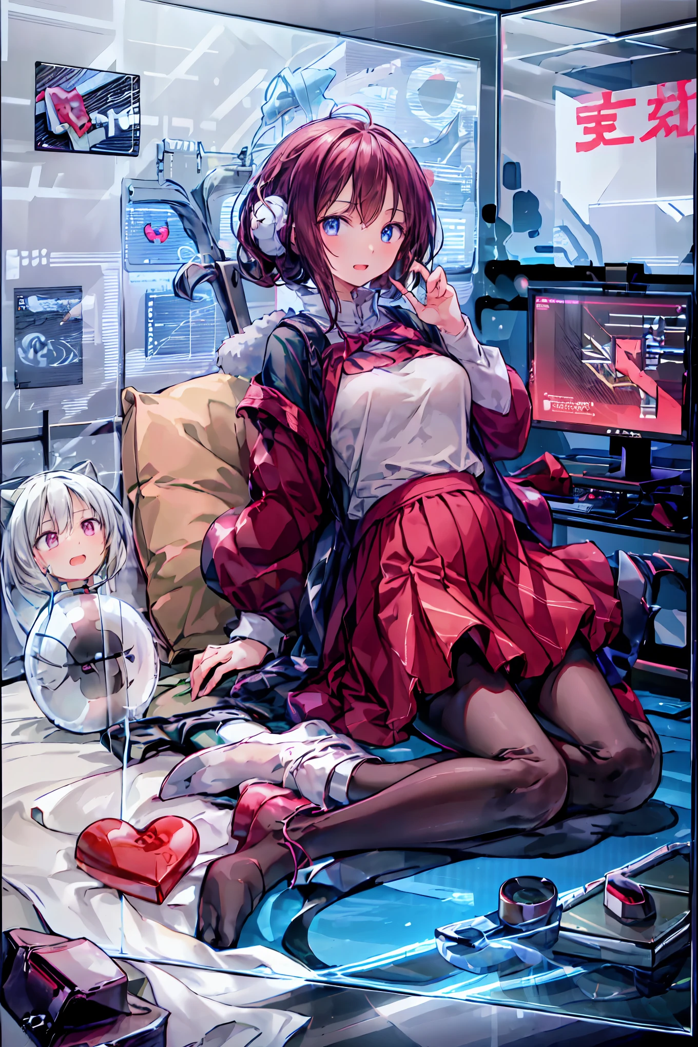 laughing,(Speaking Heart), happy, open your mouth, Candy in hand,MANIPULATE YOUR SCREEN LIKE A GAME,(((programming room interior))),EXTREME DETAIL DISPLAY,EXTREME DETAIL DRAWING,typing speedy two hands,IMMERSE YOUR SCREEN,Anime breaking through the digital space,Digital Illustration,Cyberpunk, future,cowboy shot, network ,(((PRIVATE PC ROOM))),(((giant pc monitor))),(((multiple monitors))),((operate the keyboard女の子)),ピース✌️サインをするhacker,hacker,Depict the keyboard accurately,hacked,(スイートhacker),(((is putting a keyboard on her lap))),hacker, Multi Display, Complex image displayed on a modern PC display that glows blue, complicated image displayed on a display, hitting the keyboard in the foreground,Dark Room, night,深night,((凄腕の女子高生hacker)),brown hair,shortcuts,unkempt hair,Short braided hair,Neat,slender beauty,correct posture,small breasted,beautiful legs,Enchanting Gray-Blue Eyes Shine Like Stars,Saggy Eyes,Brilliant Colors,beautiful eyes,A delicate smile,Textured Skin,Best quality at its best,gentle and beautiful woman,anime style、(Hobbies),Holding candy,candy with a different color on one eye,ゲームのように network を突破する,(((PRIVATE PC ROOM))),(((giant pc monitor))),(((multiple monitors))),((operate the keyboard)),DIVERSE IN THE DIGITAL SPACE,不敵にlaughing, 最High Quality, face focus, soft lights, ウルトラhigh resolution, (photorealistic:1.4), ORIGINAL PICTURES, 1 Japanese girl, solo, cute, (pupil, individual eye light), (Tiny ),(人間の肌の質感high resolutionの詳細), (long hair), blazer uniform, charcoal vest, skirt, (Upper Thigh), High Quality,4K,8K,high resolution,Masterpiece,Ultra Fine,real,フォトreal,HDR,UHD,Studio Lighting,EXTREME DETAIL DRAWING,Professional,Brilliant Colors彩,ボケ 幸せな表情の女性のhacker,Tight posture,Concentrated Expression