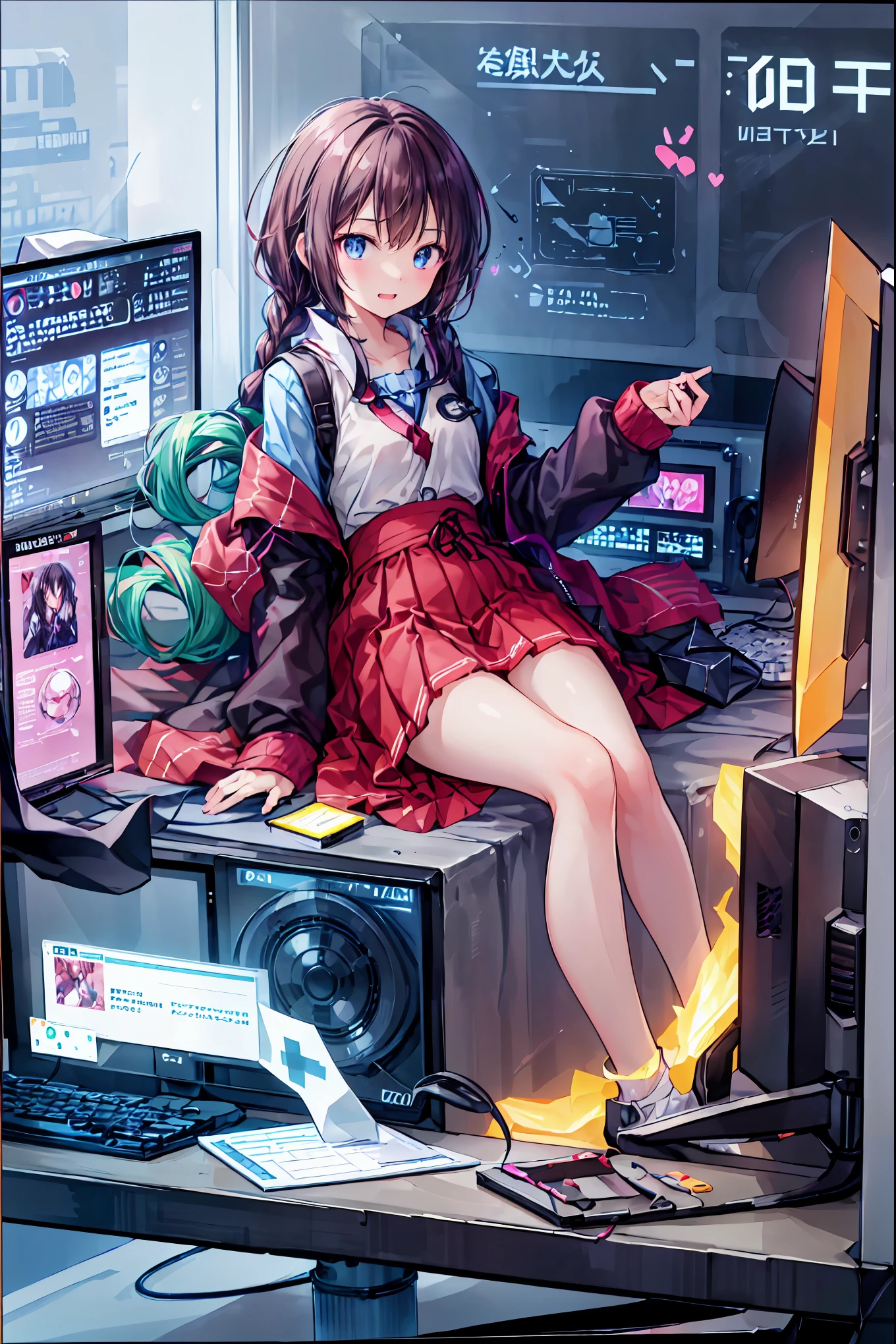 laughing,(Speaking Heart), happy, open your mouth, Candy in hand,MANIPULATE YOUR SCREEN LIKE A GAME,(((programming room interior))),EXTREME DETAIL DISPLAY,EXTREME DETAIL DRAWING,typing speedy two hands,IMMERSE YOUR SCREEN,Anime breaking through the digital space,Digital Illustration,Cyberpunk, future,cowboy shot, network ,(((PRIVATE PC ROOM))),(((giant pc monitor))),(((multiple monitors))),((operate the keyboard女の子)),ピース✌️サインをするhacker,hacker,Depict the keyboard accurately,hacked,(スイートhacker),(((is putting a keyboard on her lap))),hacker, Multi Display, Complex image displayed on a modern PC display that glows blue, complicated image displayed on a display, hitting the keyboard in the foreground,Dark Room, night,深night,((凄腕の女子高生hacker)),brown hair,shortcuts,unkempt hair,Short braided hair,Neat,slender beauty,correct posture,small breasted,beautiful legs,Enchanting Gray-Blue Eyes Shine Like Stars,Saggy Eyes,Brilliant Colors,beautiful eyes,A delicate smile,Textured Skin,Best quality at its best,gentle and beautiful woman,anime style、(Hobbies),Holding candy,candy with a different color on one eye,ゲームのように network を突破する,(((PRIVATE PC ROOM))),(((giant pc monitor))),(((multiple monitors))),((operate the keyboard)),DIVERSE IN THE DIGITAL SPACE,不敵にlaughing, 最High Quality, face focus, soft lights, ウルトラhigh resolution, (photorealistic:1.4), ORIGINAL PICTURES, 1 Japanese girl, solo, cute, (pupil, individual eye light), (Tiny ),(人間の肌の質感high resolutionの詳細), (long hair), blazer uniform, charcoal vest, skirt, (Upper Thigh), High Quality,4K,8K,high resolution,Masterpiece,Ultra Fine,real,フォトreal,HDR,UHD,Studio Lighting,EXTREME DETAIL DRAWING,Professional,Brilliant Colors彩,ボケ 幸せな表情の女性のhacker,Tight posture,Concentrated Expression