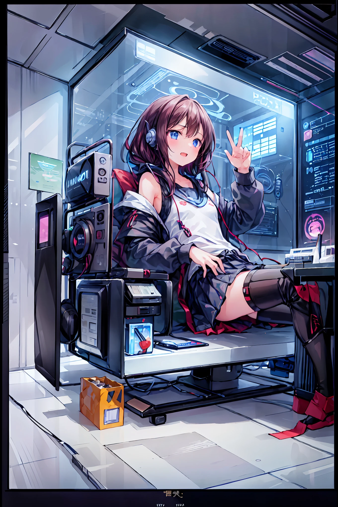 laughing,(Speaking Heart), happy, open your mouth, Candy in hand,MANIPULATE YOUR SCREEN LIKE A GAME,(((programming room interior))),EXTREME DETAIL DISPLAY,EXTREME DETAIL DRAWING,typing speedy two hands,IMMERSE YOUR SCREEN,Anime breaking through the digital space,Digital Illustration,Cyberpunk, future,cowboy shot, network ,(((PRIVATE PC ROOM))),(((giant pc monitor))),(((multiple monitors))),((operate the keyboard女の子)),ピース✌️サインをするhacker,hacker,Depict the keyboard accurately,hacked,(スイートhacker),(((is putting a keyboard on her lap))),hacker, Multi Display, Complex image displayed on a modern PC display that glows blue, complicated image displayed on a display, hitting the keyboard in the foreground,Dark Room, night,深night,((凄腕の女子高生hacker)),brown hair,shortcuts,unkempt hair,Short braided hair,Neat,slender beauty,correct posture,small breasted,beautiful legs,Enchanting Gray-Blue Eyes Shine Like Stars,Saggy Eyes,Brilliant Colors,beautiful eyes,A delicate smile,Textured Skin,Best quality at its best,gentle and beautiful woman,anime style、(Hobbies),Holding candy,candy with a different color on one eye,ゲームのように network を突破する,(((PRIVATE PC ROOM))),(((giant pc monitor))),(((multiple monitors))),((operate the keyboard)),DIVERSE IN THE DIGITAL SPACE,不敵にlaughing, 最High Quality, face focus, soft lights, ウルトラhigh resolution, (photorealistic:1.4), ORIGINAL PICTURES, 1 Japanese girl, solo, cute, (pupil, individual eye light), (Tiny ),(人間の肌の質感high resolutionの詳細), (long hair), blazer uniform, charcoal vest, skirt, (Upper Thigh), High Quality,4K,8K,high resolution,Masterpiece,Ultra Fine,real,フォトreal,HDR,UHD,Studio Lighting,EXTREME DETAIL DRAWING,Professional,Brilliant Colors彩,ボケ 幸せな表情の女性のhacker,Tight posture,Concentrated Expression