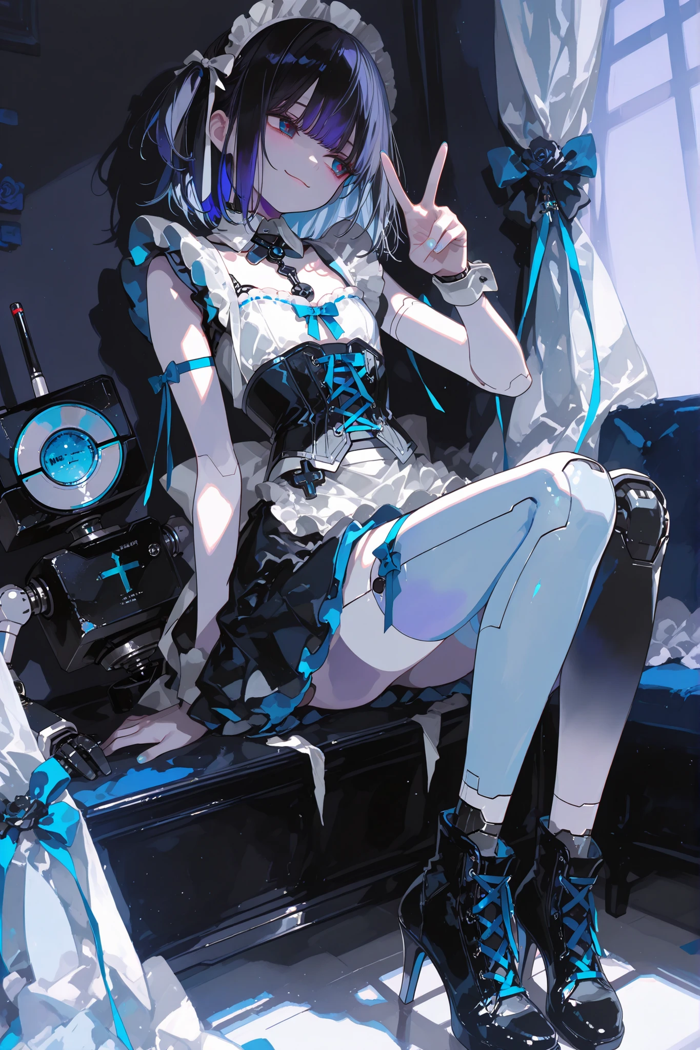 Robot Maid Musume1,dark haired(Light Blue Inner Color),side up hair,flat chest,maid clothes based on light blue(Short Skirt,corset,Ribbon decoration,High Heel Shoelaces),Black robot body,my chest has a core,looking away,He is smiling wryly.,I'm doing a peace sign