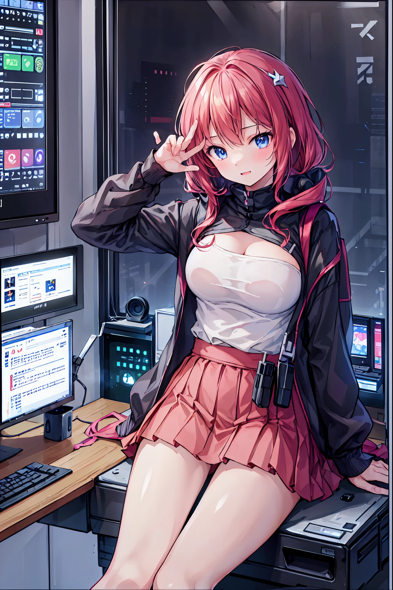 laughing,(Speaking Heart), happy, open your mouth, Candy in hand,MANIPULATE YOUR SCREEN LIKE A GAME,(((programming room interior))),EXTREME DETAIL DISPLAY,EXTREME DETAIL DRAWING,typing speedy two hands,IMMERSE YOUR SCREEN,Anime breaking through the digital space,Digital Illustration,Cyberpunk, future,cowboy shot, network ,(((PRIVATE PC ROOM))),(((giant pc monitor))),(((multiple monitors))),((operate the keyboard女の子)),ピース✌️サインをするhacker,hacker,Depict the keyboard accurately,hacked,(スイートhacker),(((is putting a keyboard on her lap))),hacker, Multi Display, Complex image displayed on a modern PC display that glows blue, complicated image displayed on a display, hitting the keyboard in the foreground,Dark Room, night,深night,((凄腕の女子高生hacker)),brown hair,shortcuts,unkempt hair,Short braided hair,Neat,slender beauty,correct posture,small breasted,beautiful legs,Enchanting Gray-Blue Eyes Shine Like Stars,Saggy Eyes,Brilliant Colors,beautiful eyes,A delicate smile,Textured Skin,Best quality at its best,gentle and beautiful woman,anime style、(Hobbies),Holding candy,candy with a different color on one eye,ゲームのように network を突破する,(((PRIVATE PC ROOM))),(((giant pc monitor))),(((multiple monitors))),((operate the keyboard)),DIVERSE IN THE DIGITAL SPACE,不敵にlaughing, 最High Quality, face focus, soft lights, ウルトラhigh resolution, (photorealistic:1.4), ORIGINAL PICTURES, 1 Japanese girl, solo, cute, (pupil, individual eye light), (Tiny ),(人間の肌の質感high resolutionの詳細), (long hair), blazer uniform, charcoal vest, skirt, (Upper Thigh), High Quality,4K,8K,high resolution,Masterpiece,Ultra Fine,real,フォトreal,HDR,UHD,Studio Lighting,EXTREME DETAIL DRAWING,Professional,Brilliant Colors彩,ボケ 幸せな表情の女性のhacker,Tight posture,Concentrated Expression