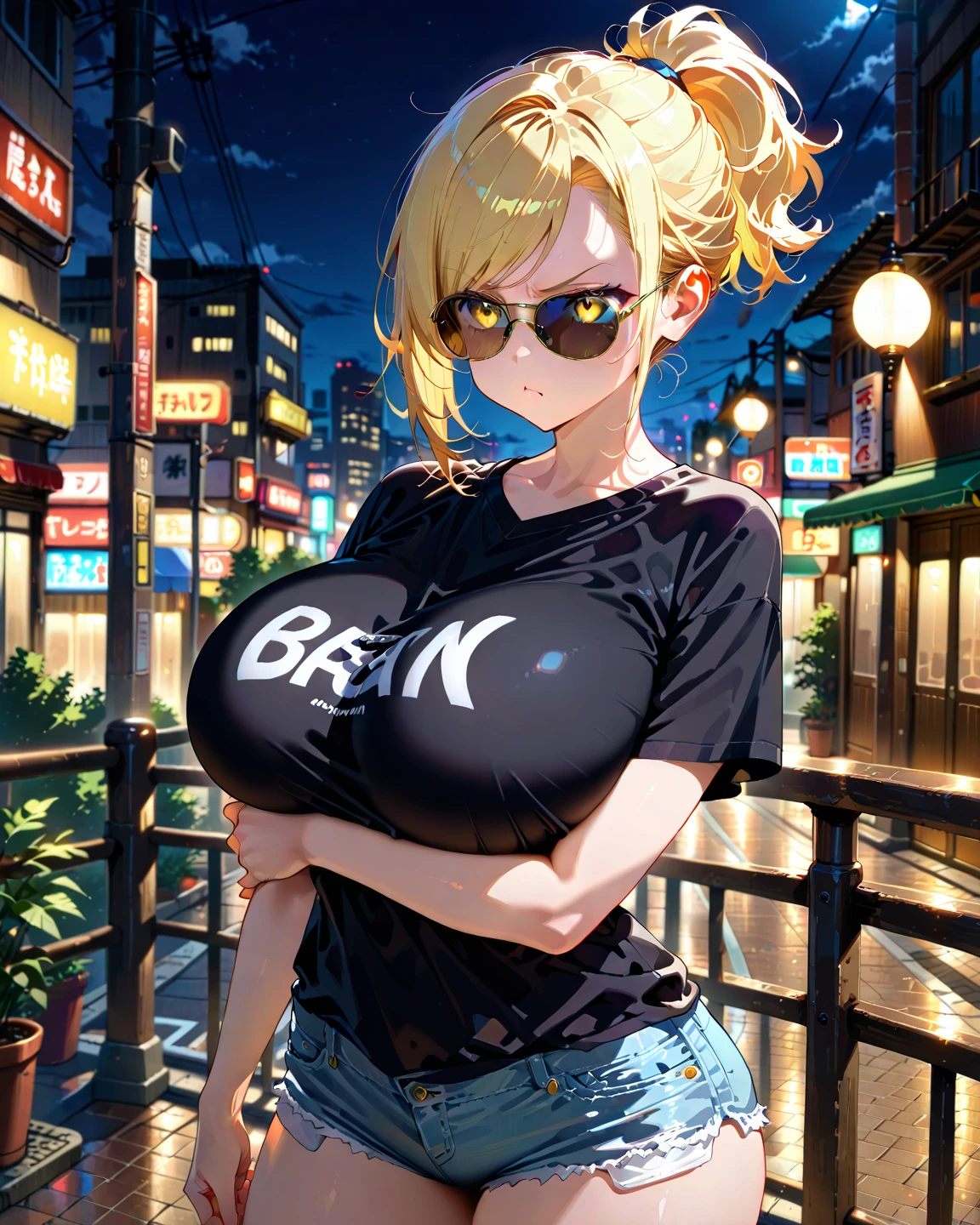 1girl,  (((bimbo))),hoop earrings, big puffy lips, painted lips, thick lips. 
Blonde hair, short twintails, grumpy, wide , thick thighs, perky , bursting , Nightlife, Night city, Cyberpunk city, futuristic cityscape. Neon lights, (skyscraper:1.1), Tokyo tower, palm tree, cloth sign, ramen stall, night club. bright city lights, exotic car. alcohol, bar, ramen, soup stall ,alcohol bottles, stomach blush, overflowing , rounded stomach, pubic tattoo, word underbelly tattoo, , gymnast,  dolphin shorts, low hanging shorts, slutty yellow jacket, white liquid running down, no panties, white juice in between thighs, legs slightly apart, ruler tattoo, pants fly open, covered , see through ripped camisole, black camisole, underboob, twisting pose, motion lines from , baseball cap, anime_screencap, flashing viewer with ,