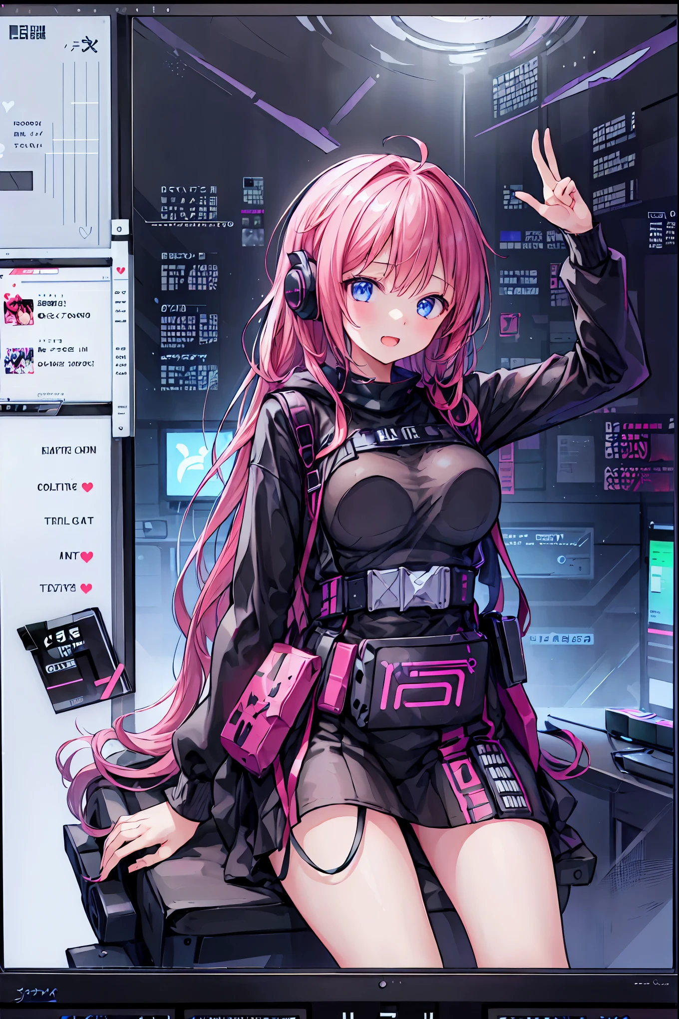 laughing,(Speaking Heart), happy, open your mouth, Candy in hand,MANIPULATE YOUR SCREEN LIKE A GAME,(((programming room interior))),EXTREME DETAIL DISPLAY,EXTREME DETAIL DRAWING,typing speedy two hands,IMMERSE YOUR SCREEN,Anime breaking through the digital space,Digital Illustration,Cyberpunk, future,cowboy shot, network ,(((PRIVATE PC ROOM))),(((giant pc monitor))),(((multiple monitors))),((girl operating keyboard)),ピース✌️サインをするhacker,hacker,Depict the keyboard accurately,hacked,(スイートhacker),(((is putting a keyboard on her lap))),hacker, Multi Display,