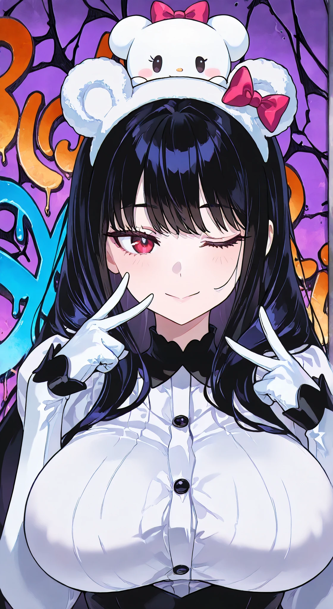 1 Girl, cool beauty, Bright Skin, girl's hair, Bang, , one eye closed, Highest Quality, Graffiti Background, high resolution, upper body, Sanrio costume, Pose, short stack, dynamic angles,、long gloves、big boobs、mature woman
