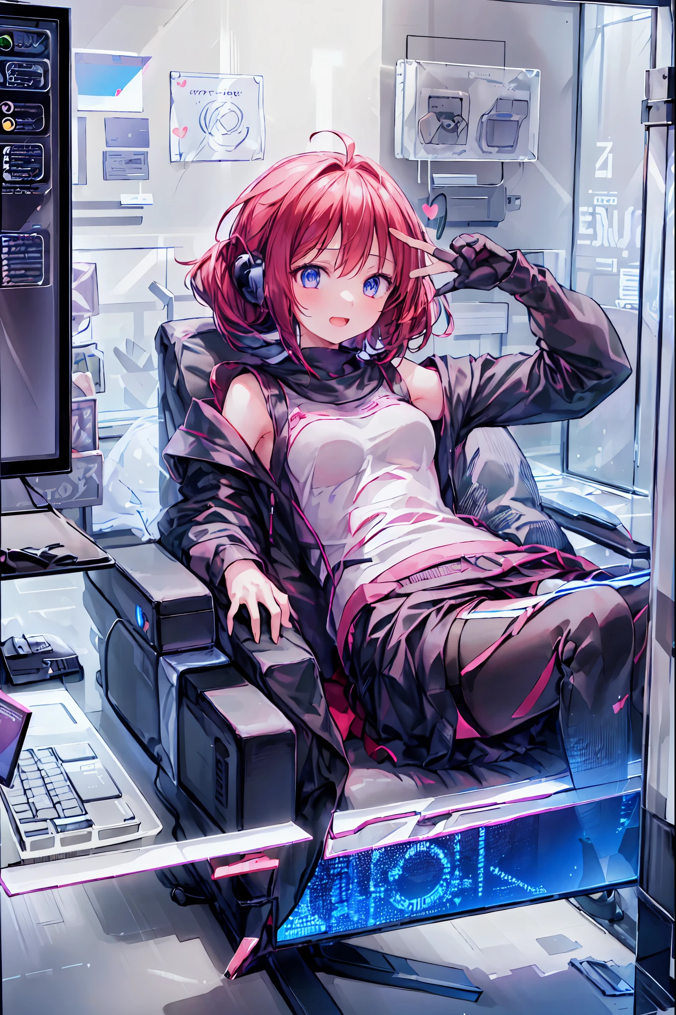 laughing,(Speaking Heart), happy, open your mouth, Candy in hand,MANIPULATE YOUR SCREEN LIKE A GAME,(((programming room interior))),EXTREME DETAIL DISPLAY,EXTREME DETAIL DRAWING,typing speedy two hands,IMMERSE YOUR SCREEN,Anime breaking through the digital space,Digital Illustration,Cyberpunk, future,cowboy shot, network ,(((PRIVATE PC ROOM))),(((giant pc monitor))),(((multiple monitors))),((girl operating keyboard)),ピース✌️サインをするhacker,hacker,Depict the keyboard accurately,hacked,(スイートhacker),(((is putting a keyboard on her lap))),hacker, Multi Display,