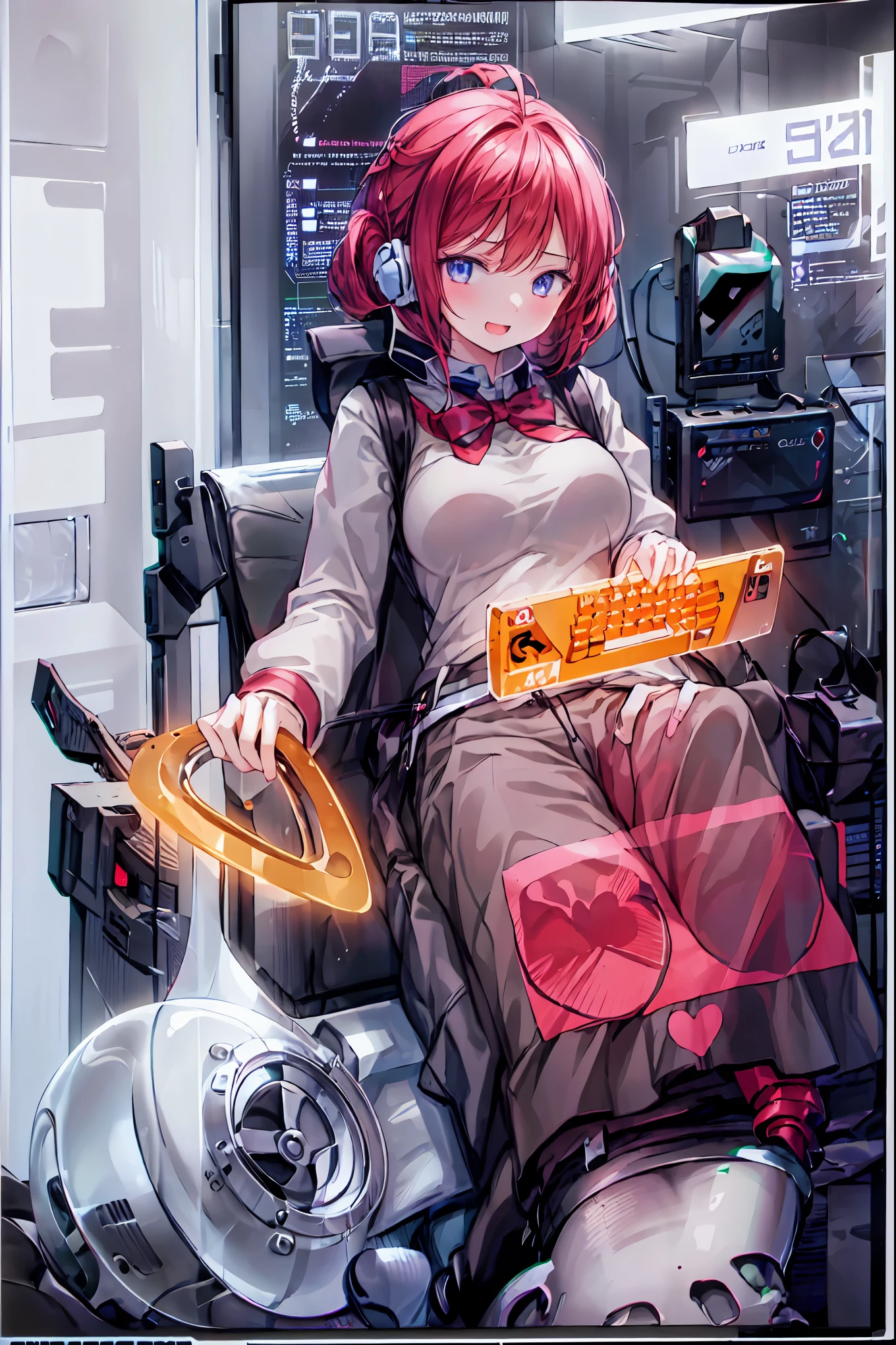 laughing,(Speaking Heart), happy, open your mouth, Candy in hand,MANIPULATE YOUR SCREEN LIKE A GAME,(((programming room interior))),EXTREME DETAIL DISPLAY,EXTREME DETAIL DRAWING,typing speedy two hands,IMMERSE YOUR SCREEN,Anime breaking through the digital space,Digital Illustration,Cyberpunk, future,cowboy shot, network ,(((PRIVATE PC ROOM))),(((giant pc monitor))),(((multiple monitors))),((girl operating keyboard)),ピース✌️サインをするhacker,hacker,Depict the keyboard accurately,hacked,(スイートhacker),(((is putting a keyboard on her lap))),hacker, Multi Display,