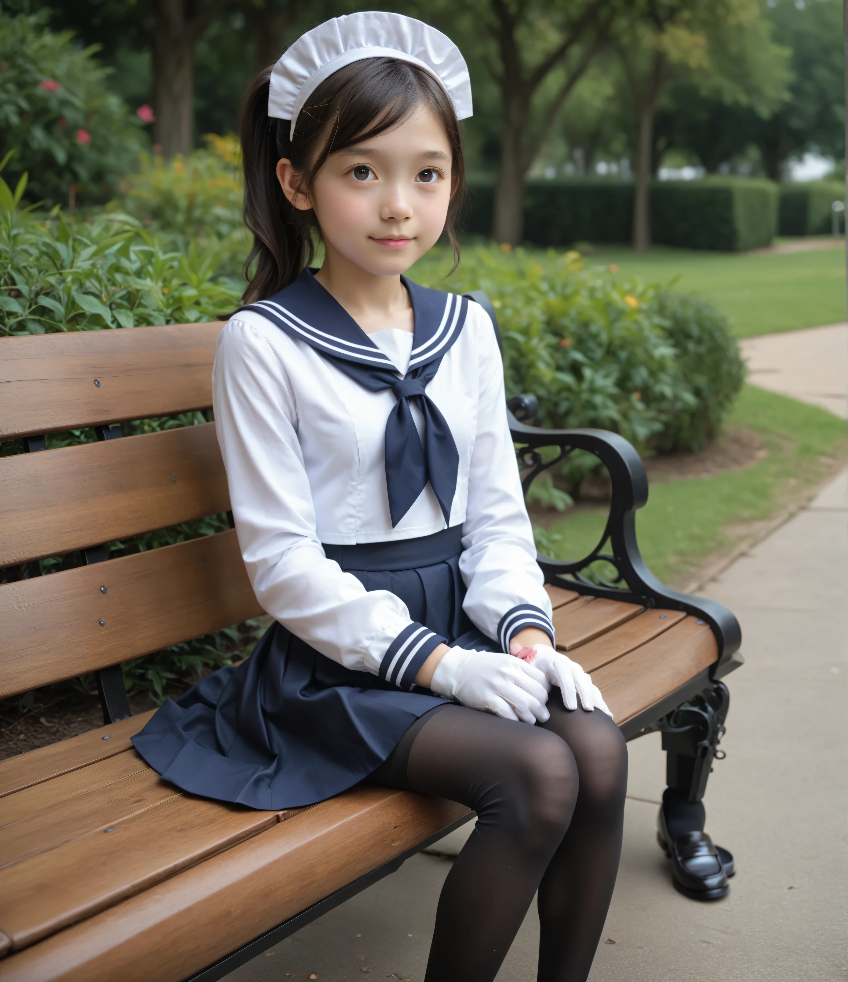 score_9, score_8_up , score_7_up , Realistic, Picture, detailed face and eyes, detailed skin,cute girl with detailed and round eyes,long sleeve sailor suit cosplay visible when closed , maid cap ,white gloves, navy knee-length skirt visible when closed,20 years old,cute girl with detailed and round eyes, masterpiece,4K,8k,16 kg,(:1.5),Hair tie, Holding, It continues to be very thin ,(slender:1.5),(skinny:1.3),(toddler wearing top_body:1.2),(younger:1.5), Small buttocks, thin thighs, slender body, black tights for hypnosis, dark haired,ponytail, black loafers,no panties, big boobs,thin body,younger,かわいいyounger女の子,narrow shoulder width, Realistic,Japan
