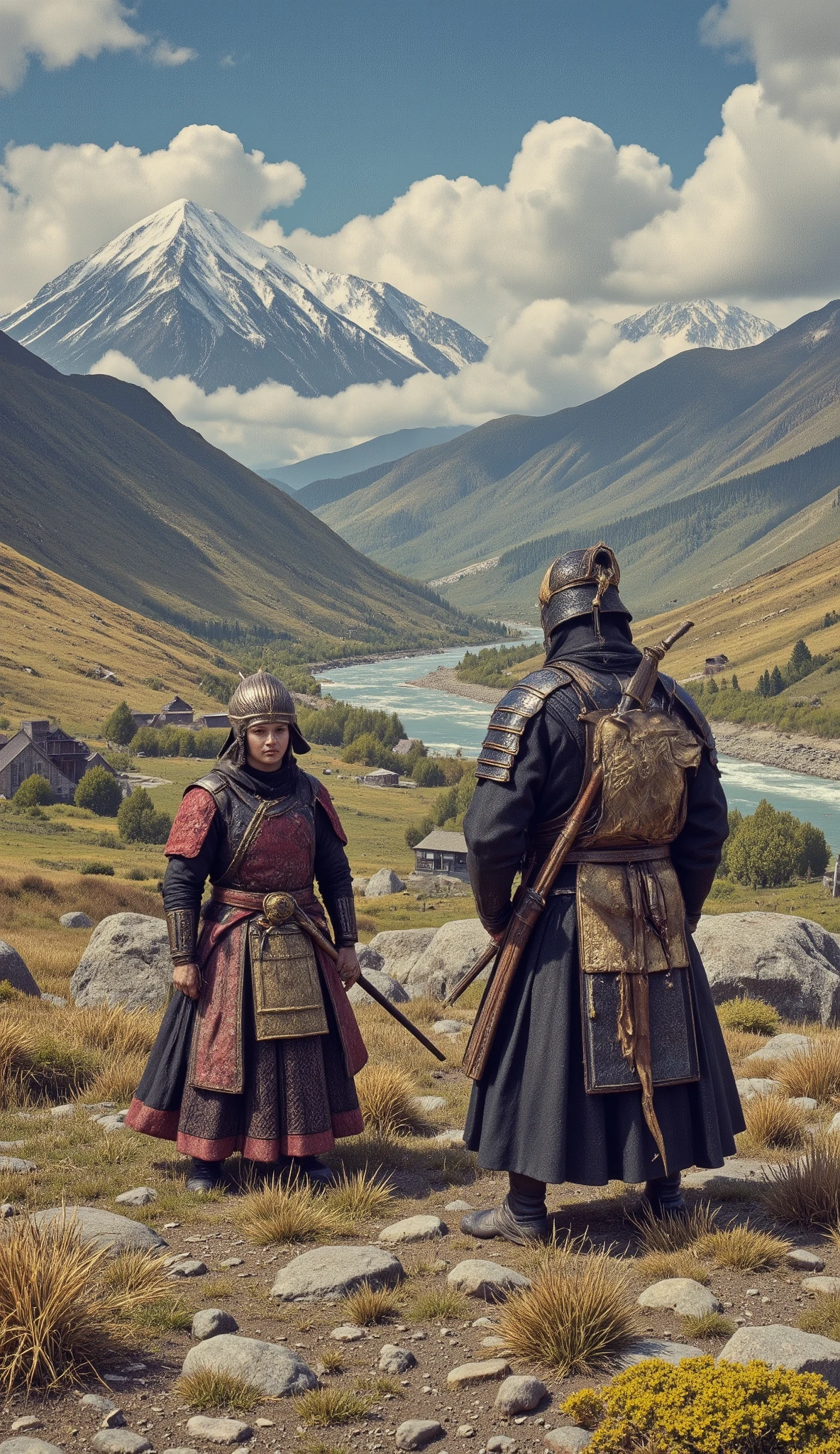 high-definition images、the Iga Ninja Rebellion during the Sengoku period、Iga is surrounded by mountains on all sides、it is a closed land with Ueno Basin、when Oda Nobunaga's army advances, there is a mansion near the river, and two male and female Iga ninjas stand in the way